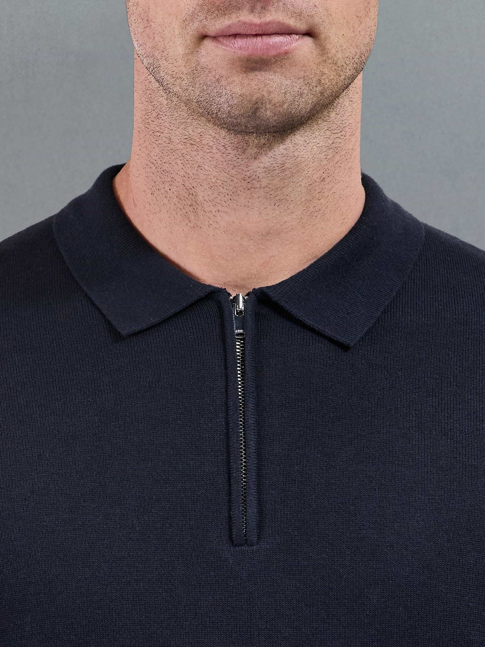 Cotton Knitted Long Sleeve Zip Polo Shirt in Navy