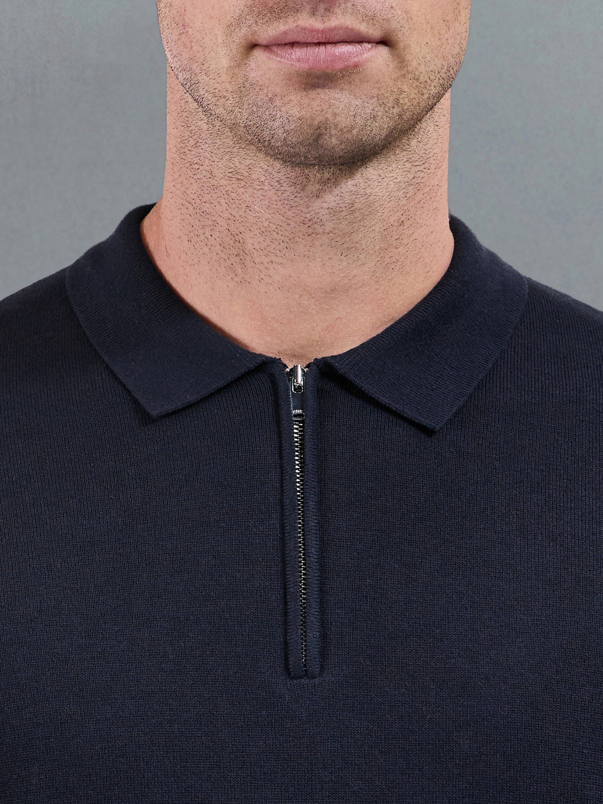 Cotton Knitted Long Sleeve Zip Polo Shirt in Navy