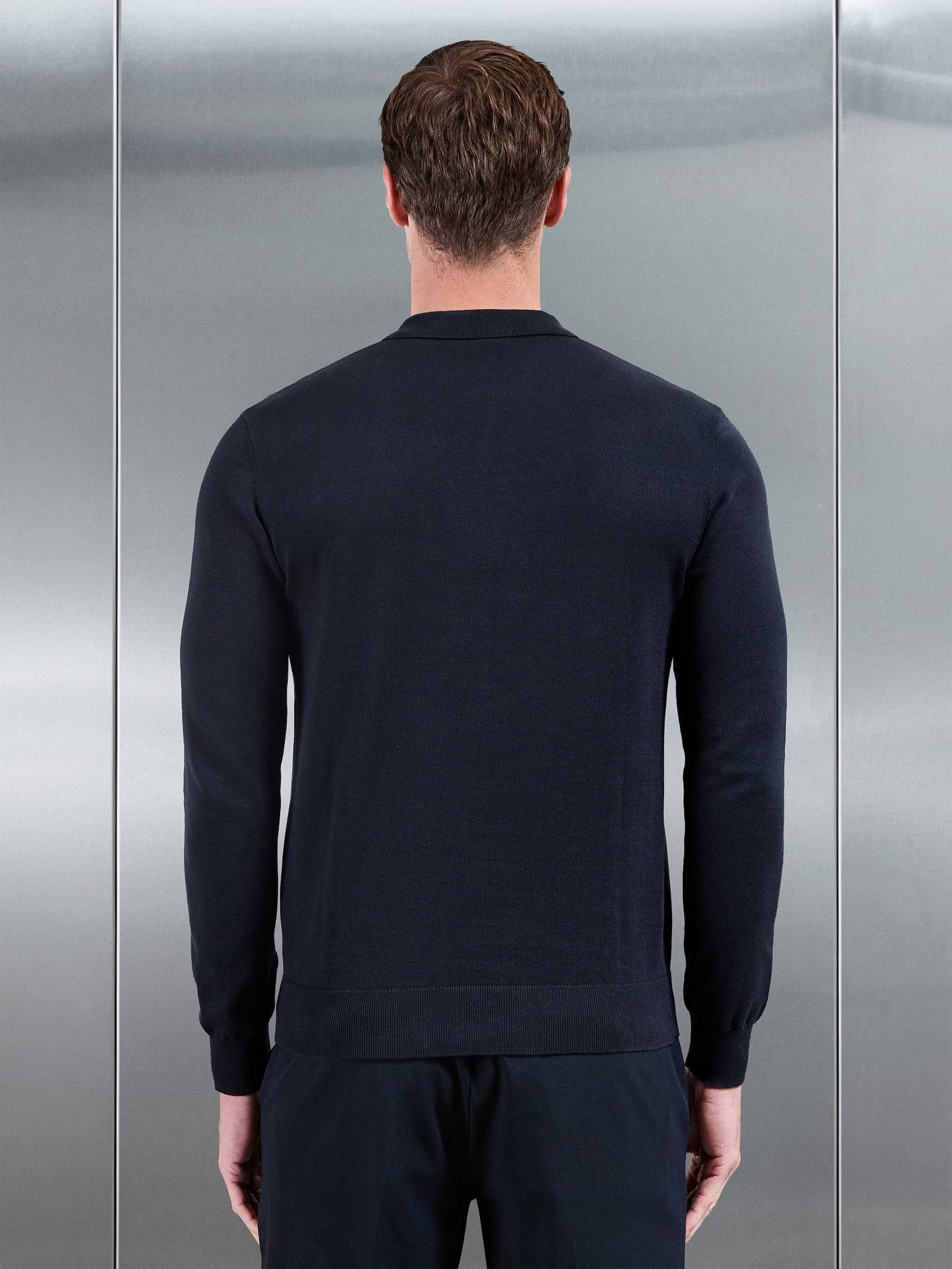 Cotton Knitted Long Sleeve Zip Polo Shirt in Navy