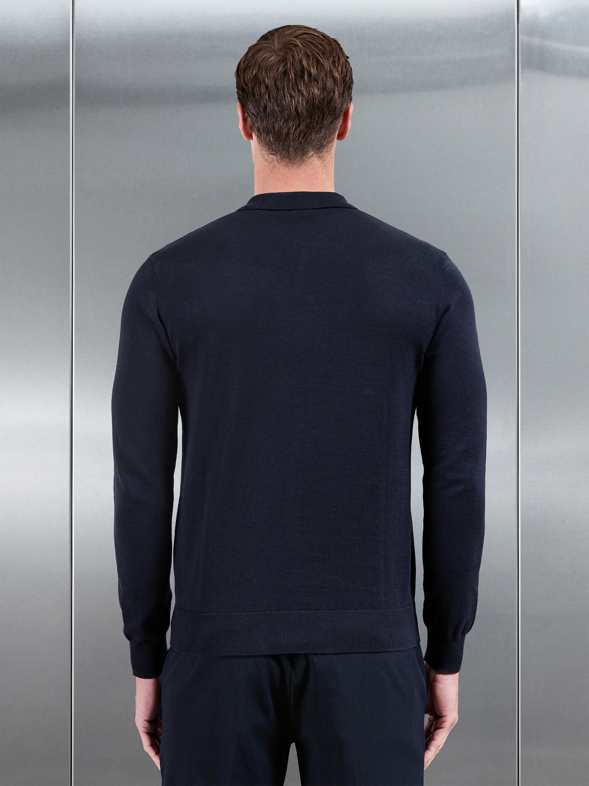 Cotton Knitted Long Sleeve Zip Polo Shirt in Navy