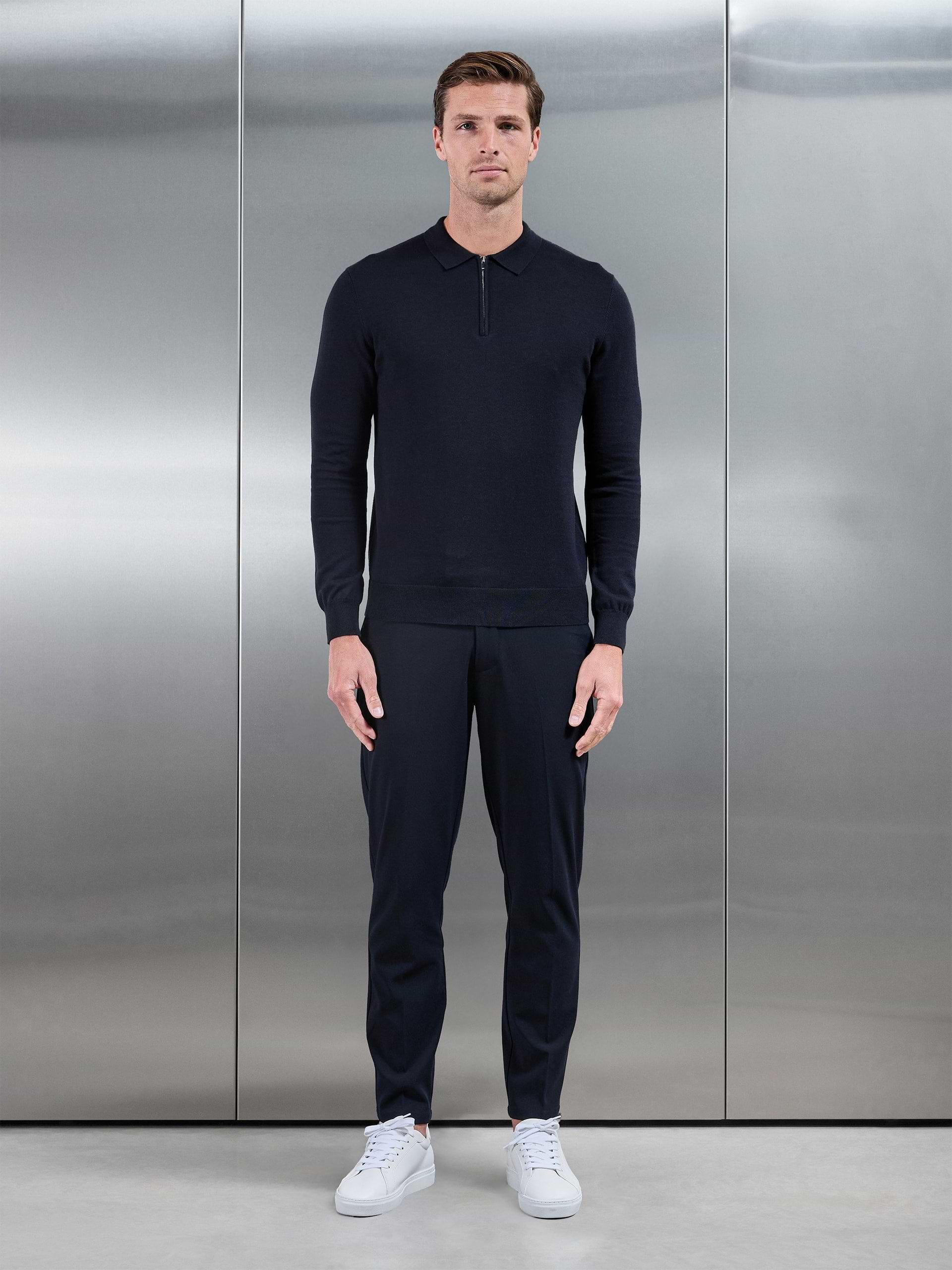 Cotton Knitted Long Sleeve Zip Polo Shirt in Navy