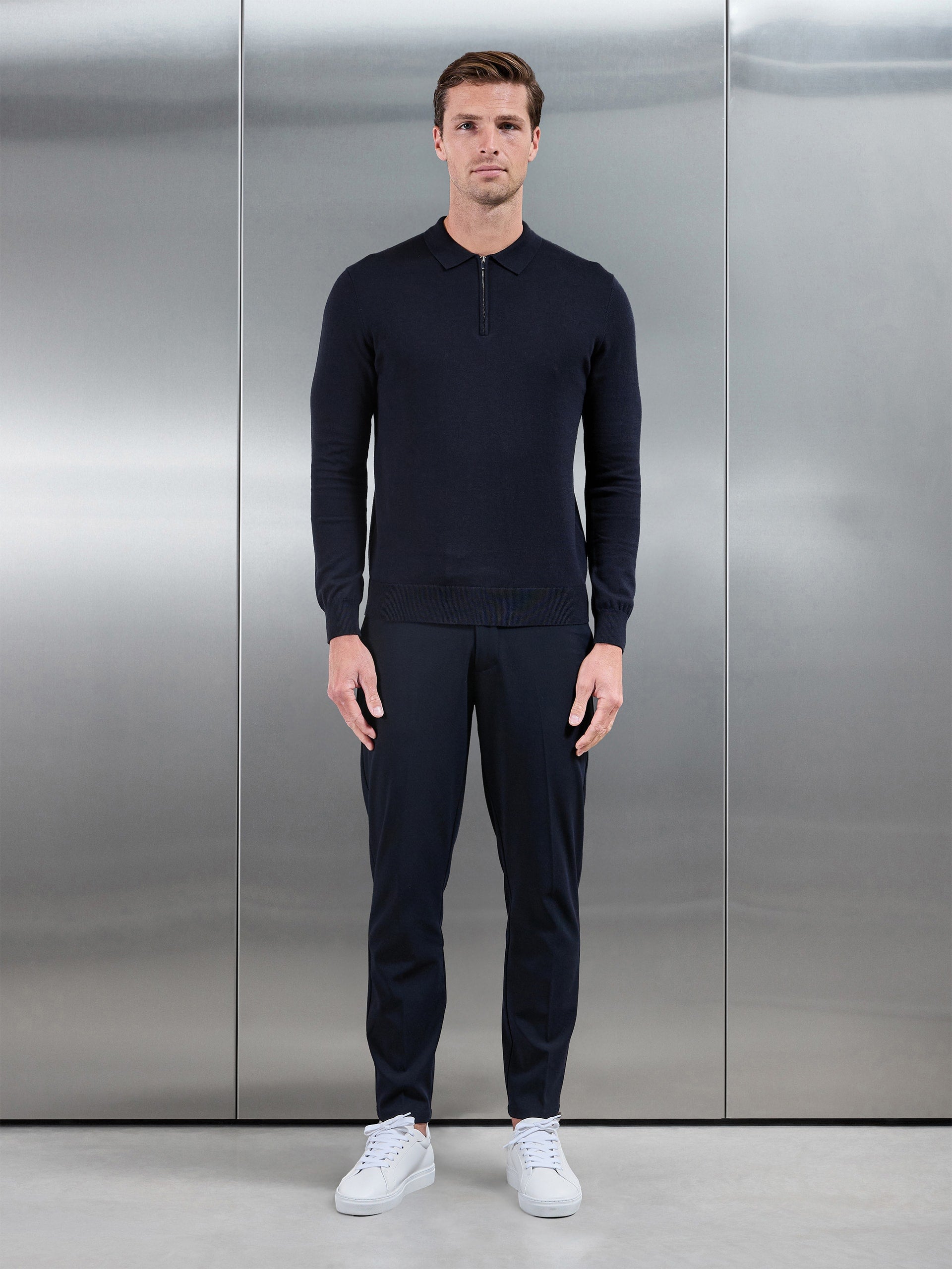 Cotton Knitted Long Sleeve Zip Polo Shirt in Navy