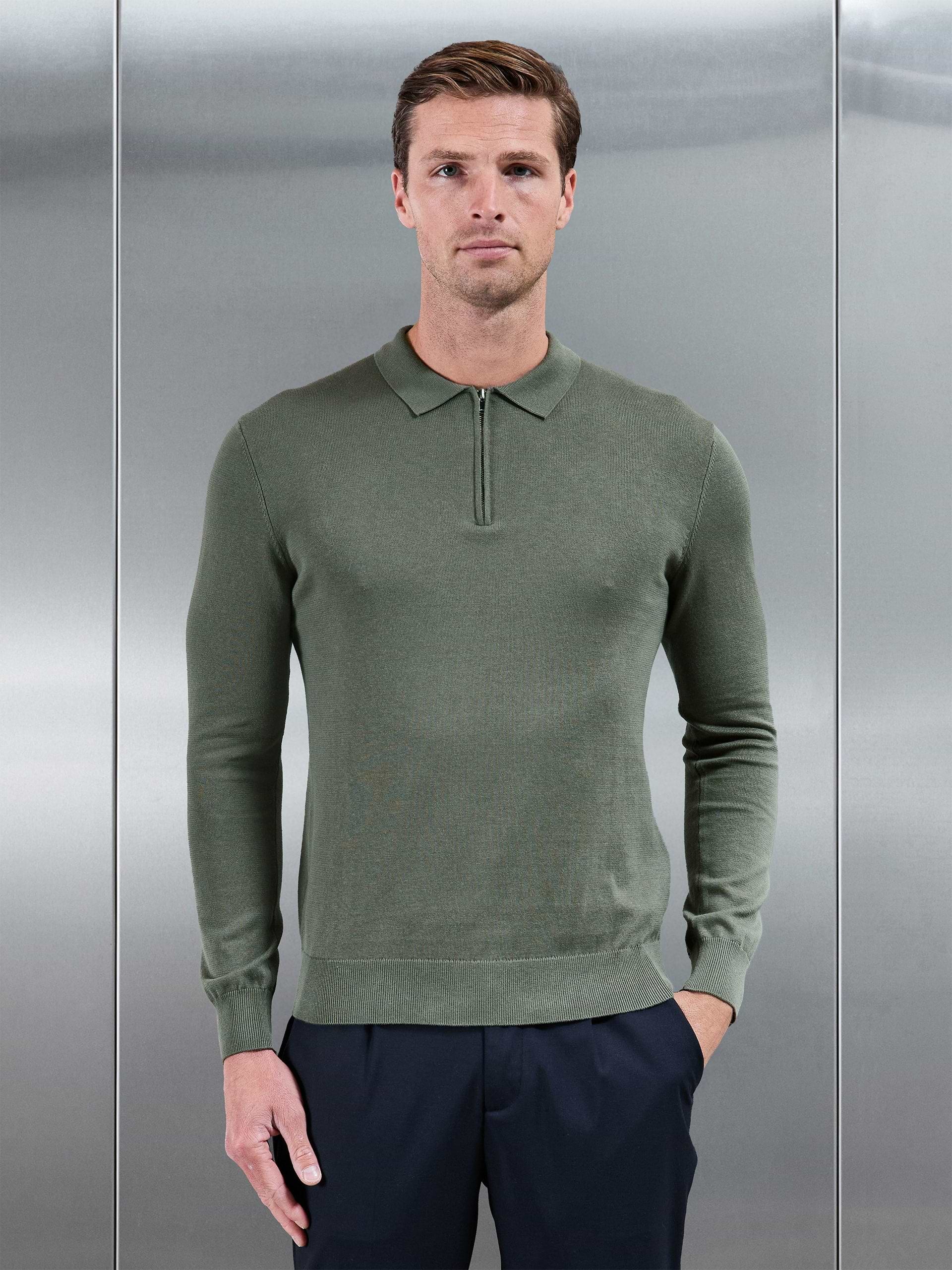 Cotton Knitted Long Sleeve Zip Polo Shirt in Sage