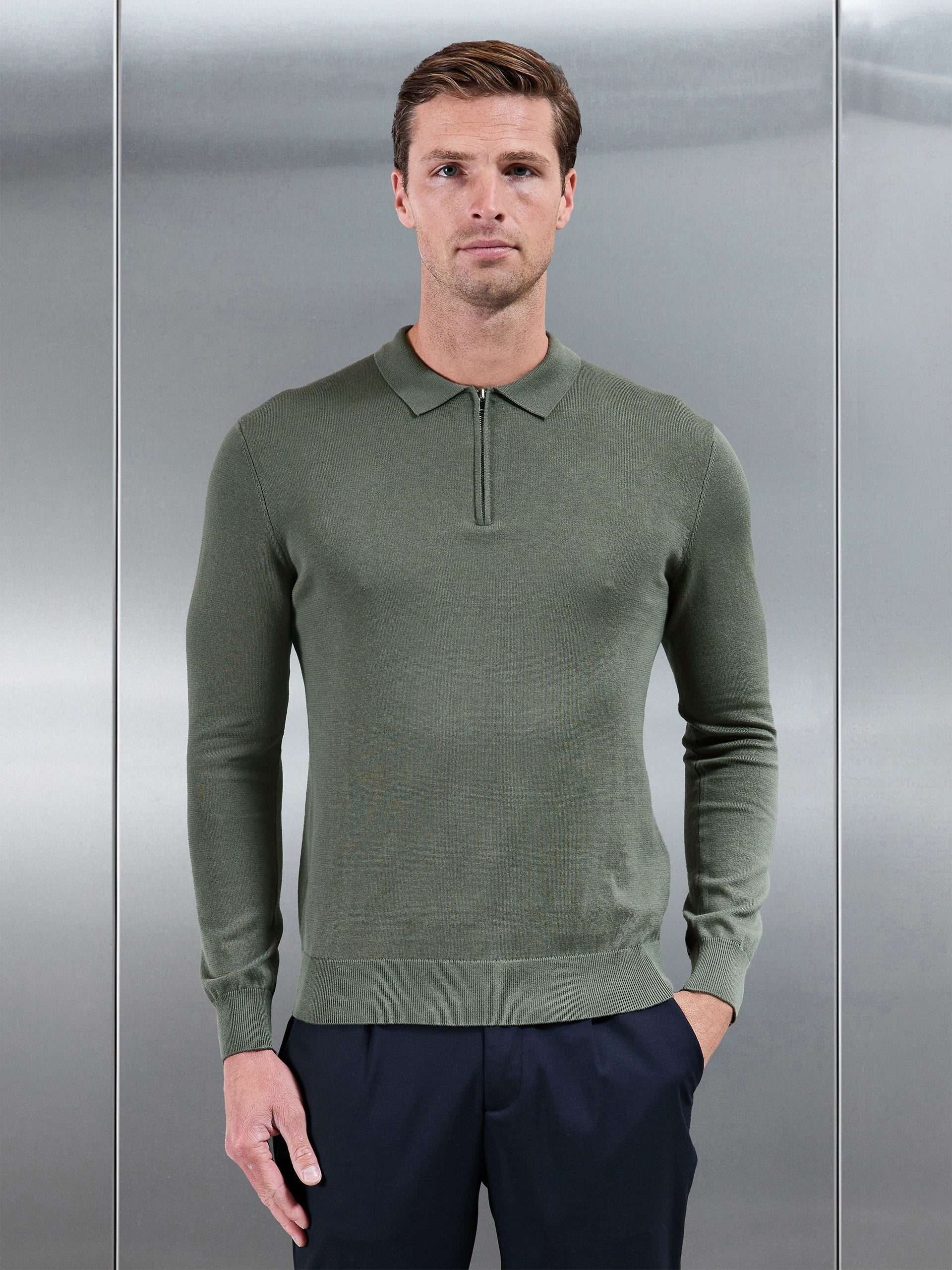 Cotton Knitted Long Sleeve Zip Polo Shirt in Sage