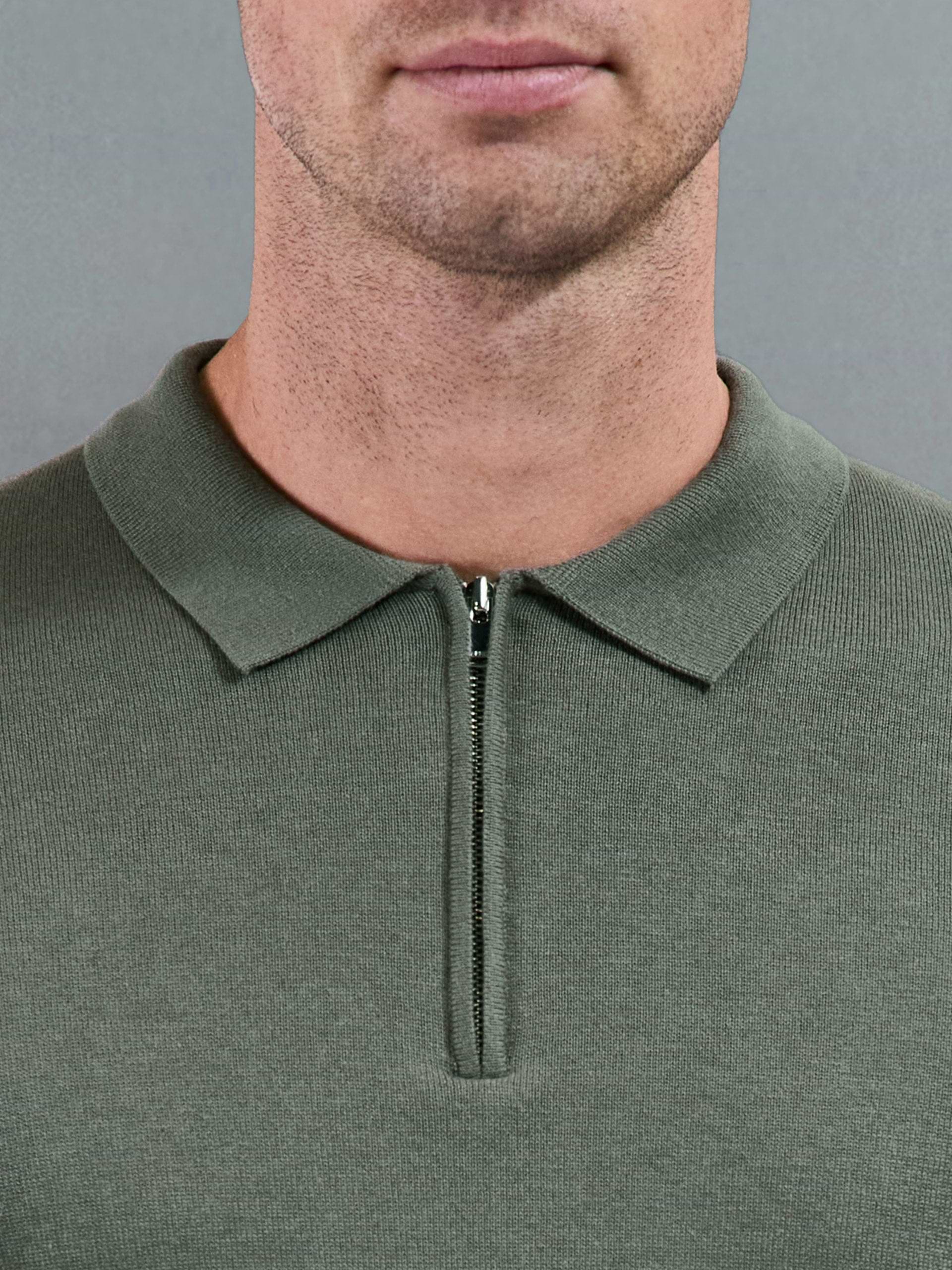 Cotton Knitted Long Sleeve Zip Polo Shirt in Sage