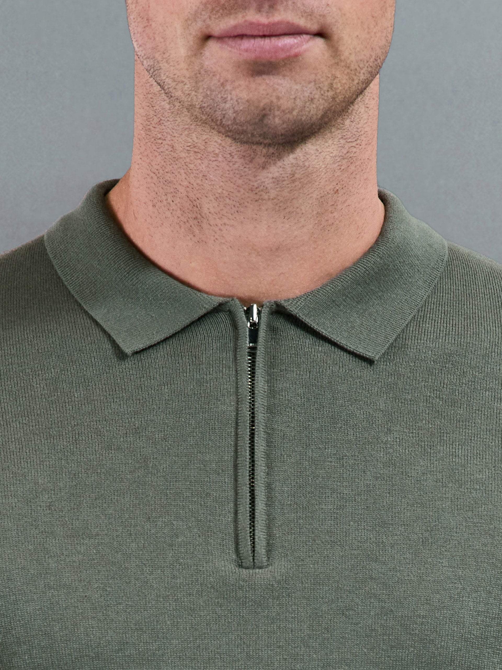 Cotton Knitted Long Sleeve Zip Polo Shirt in Sage