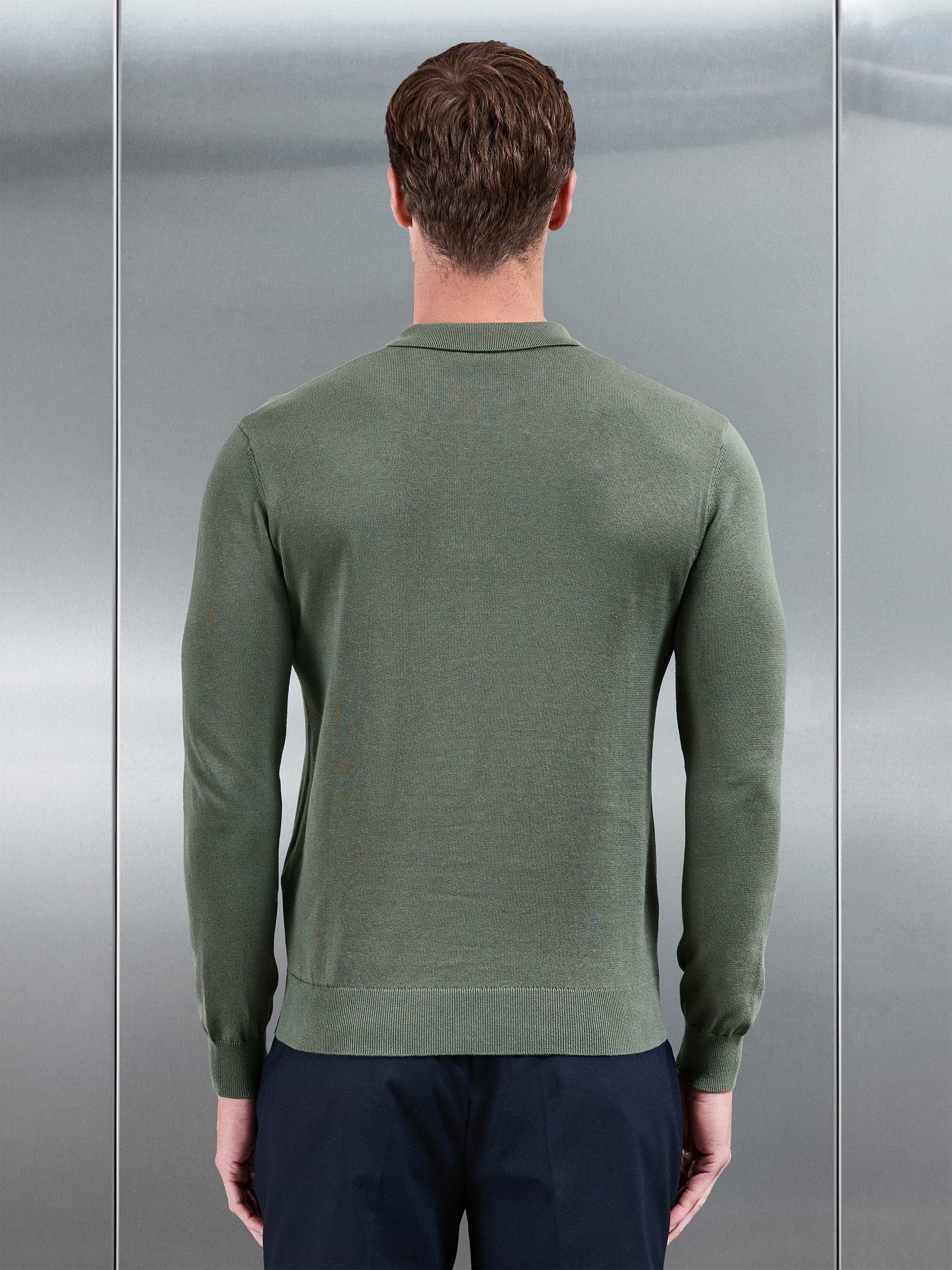 Cotton Knitted Long Sleeve Zip Polo Shirt in Sage
