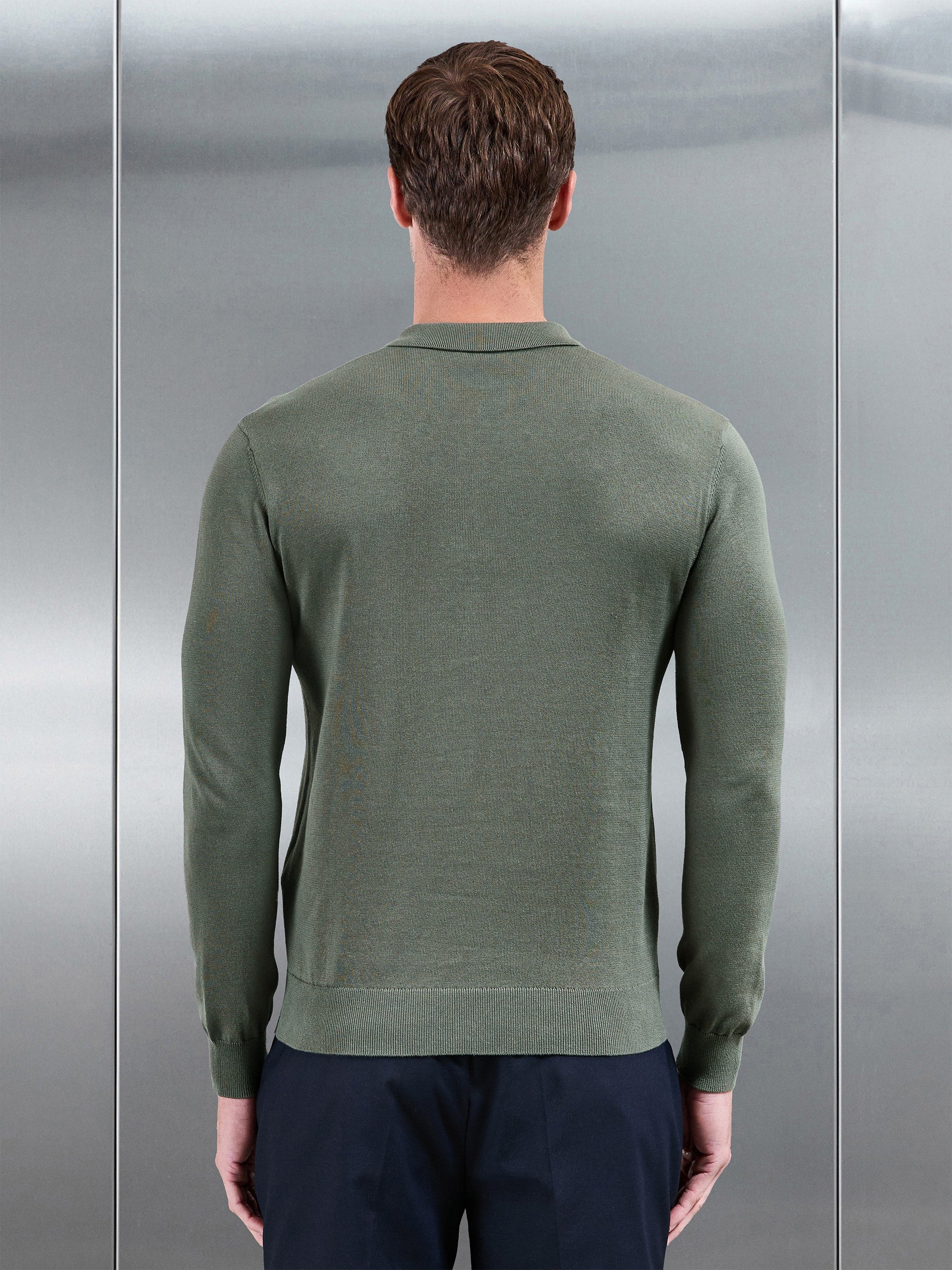 Cotton Knitted Long Sleeve Zip Polo Shirt in Sage