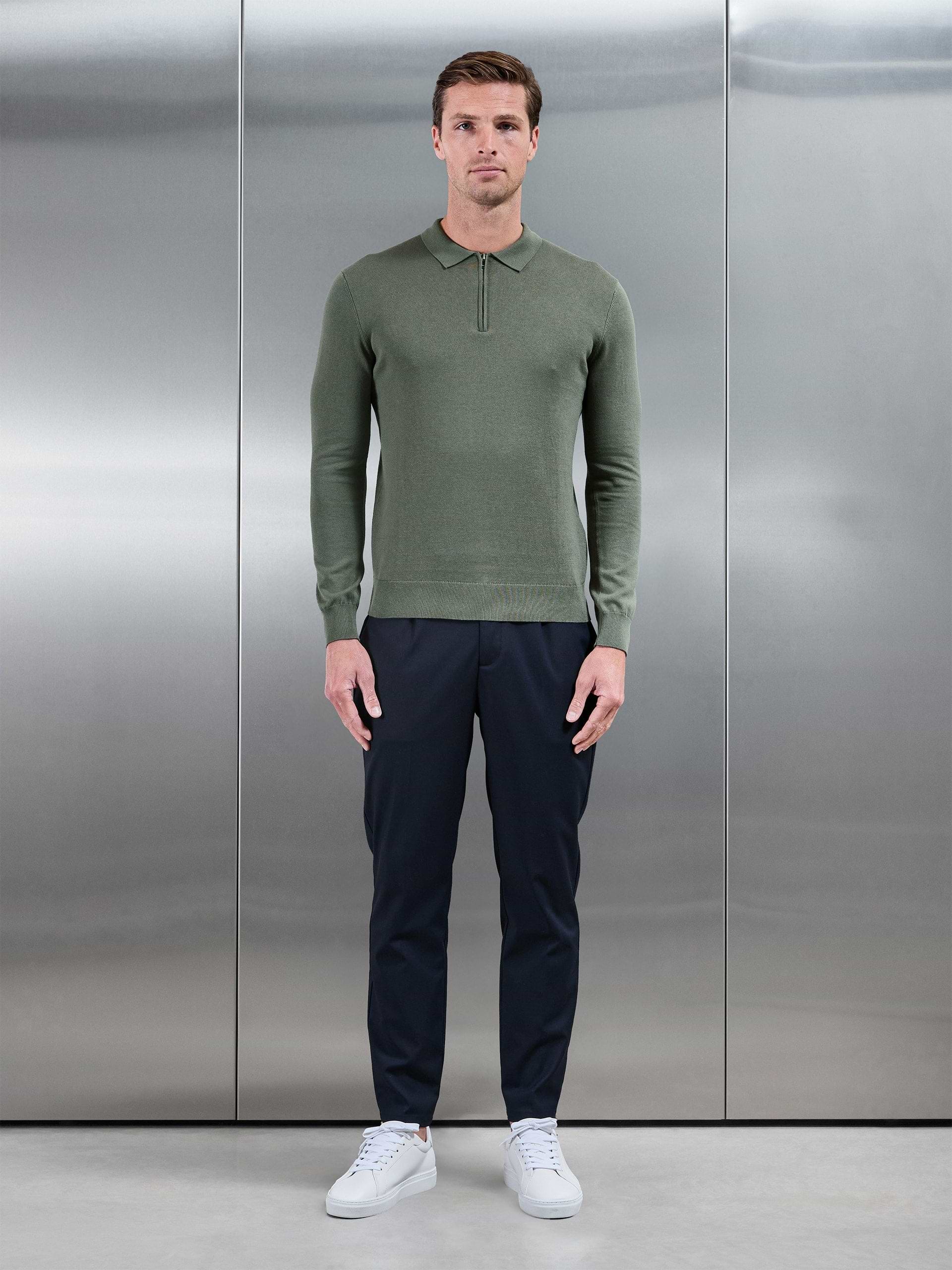 Cotton Knitted Long Sleeve Zip Polo Shirt in Sage