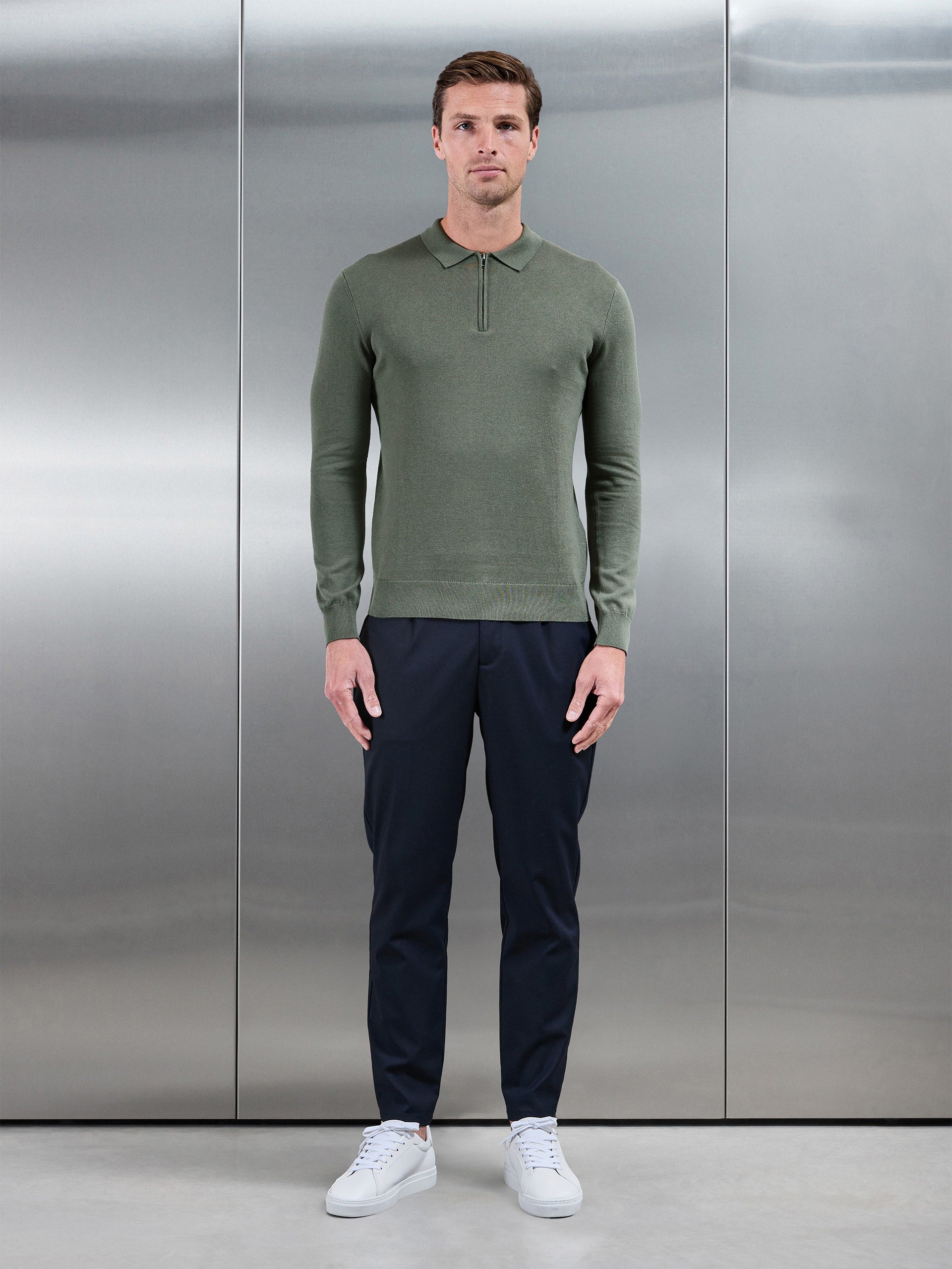 Cotton Knitted Long Sleeve Button Polo Shirt in Sage