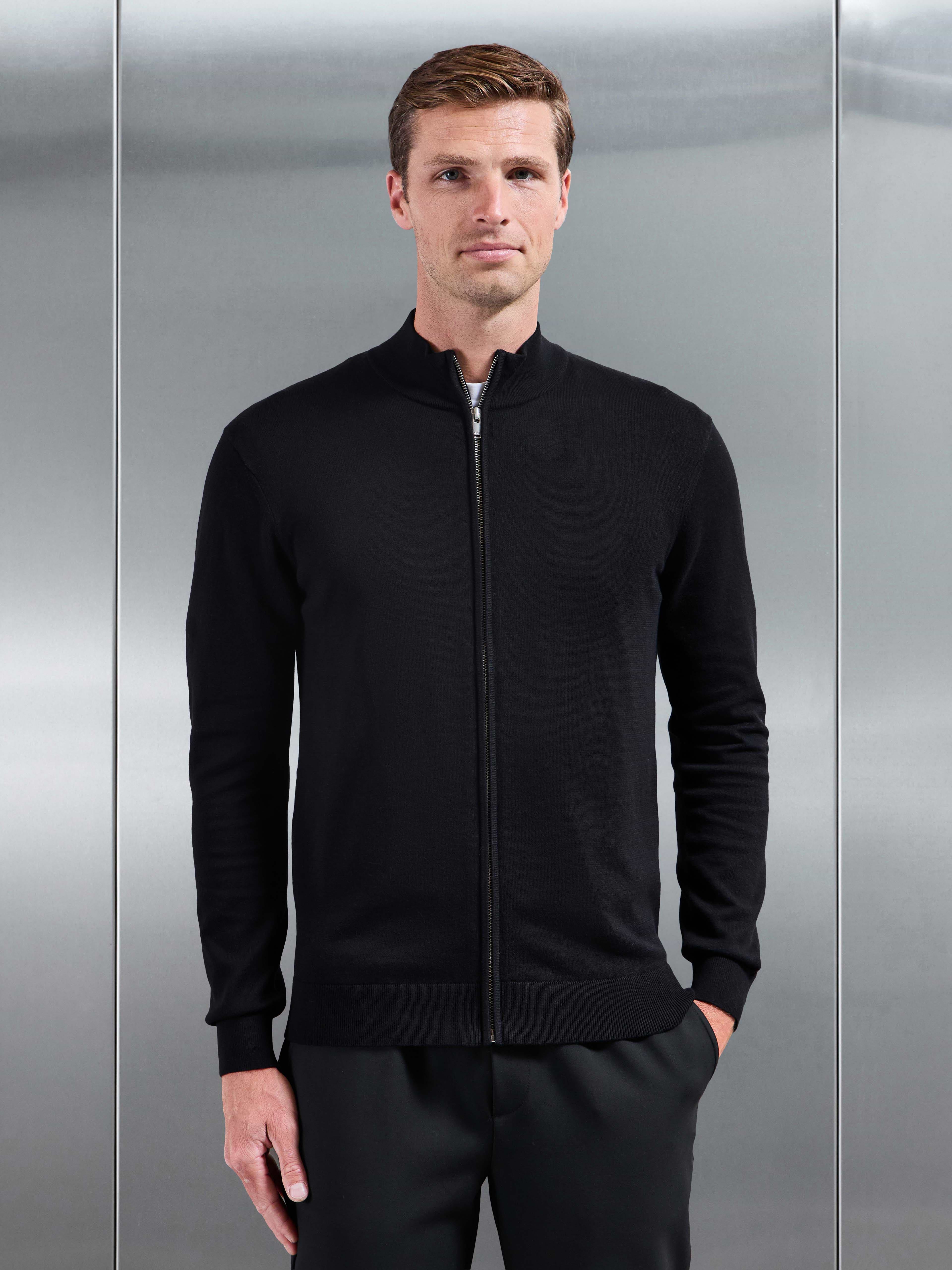 Cotton Knitted Zip Jacket in Black