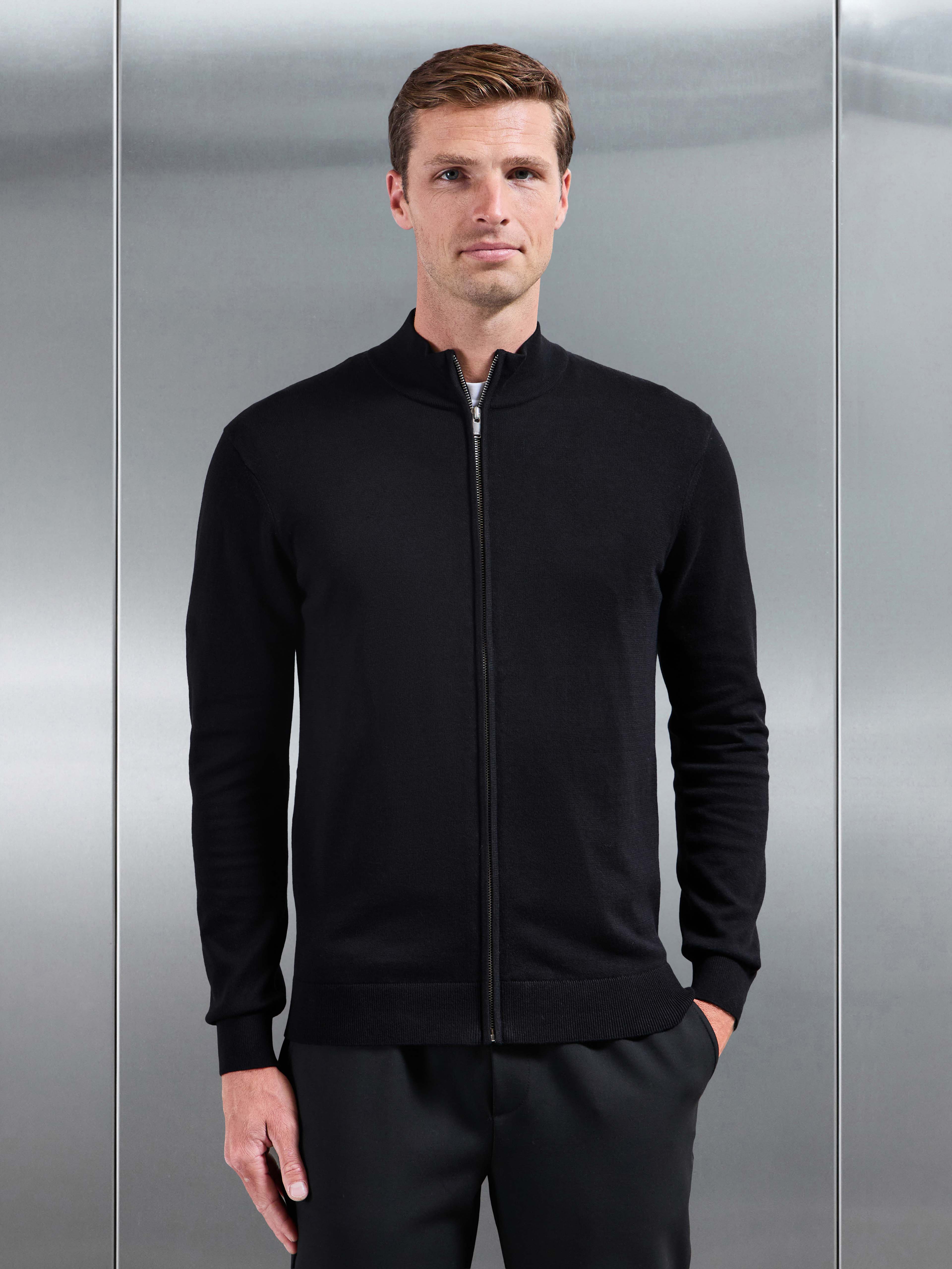 Cotton Knitted Zip Jacket in Black