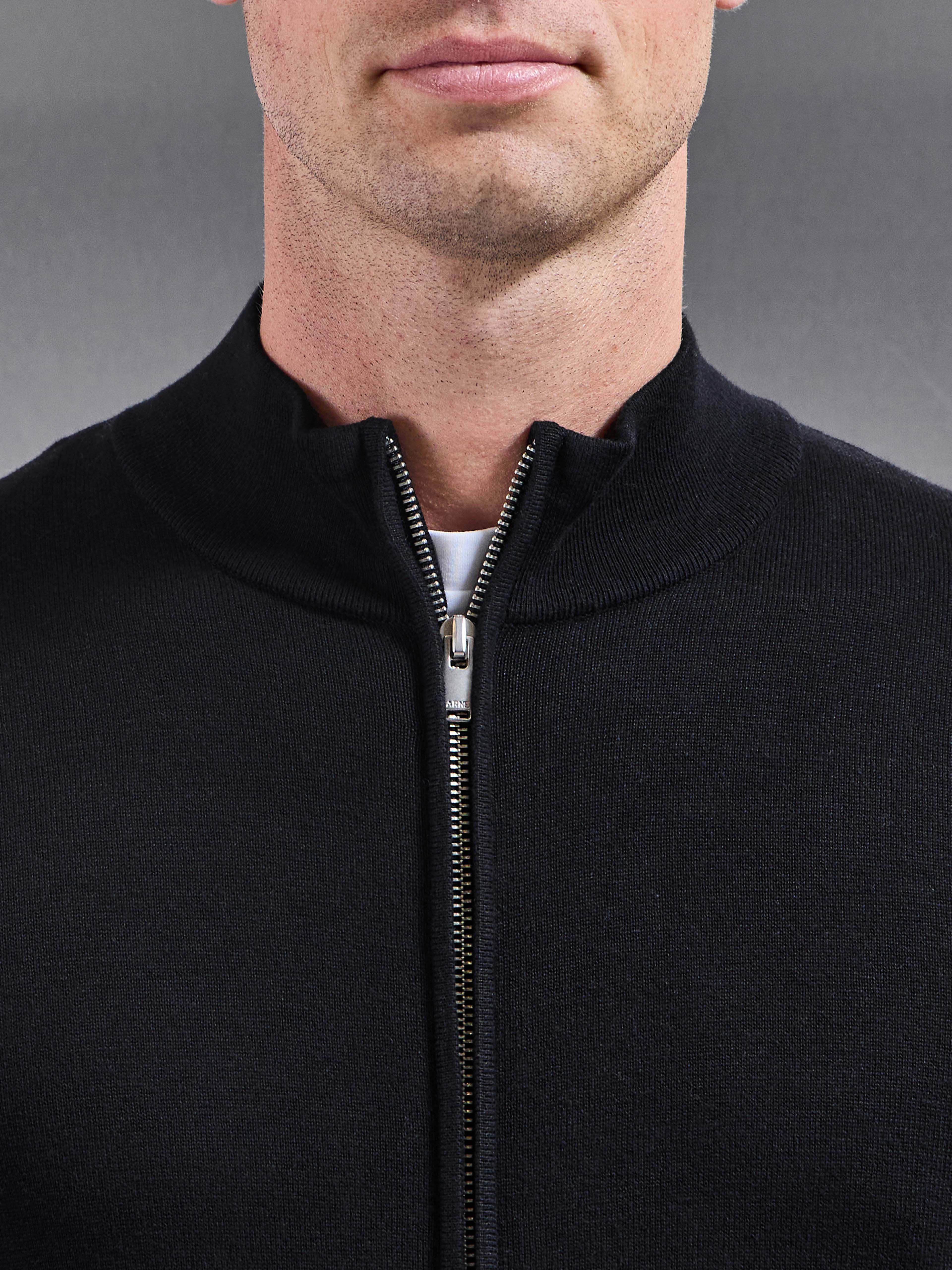 Cotton Knitted Zip Jacket in Black