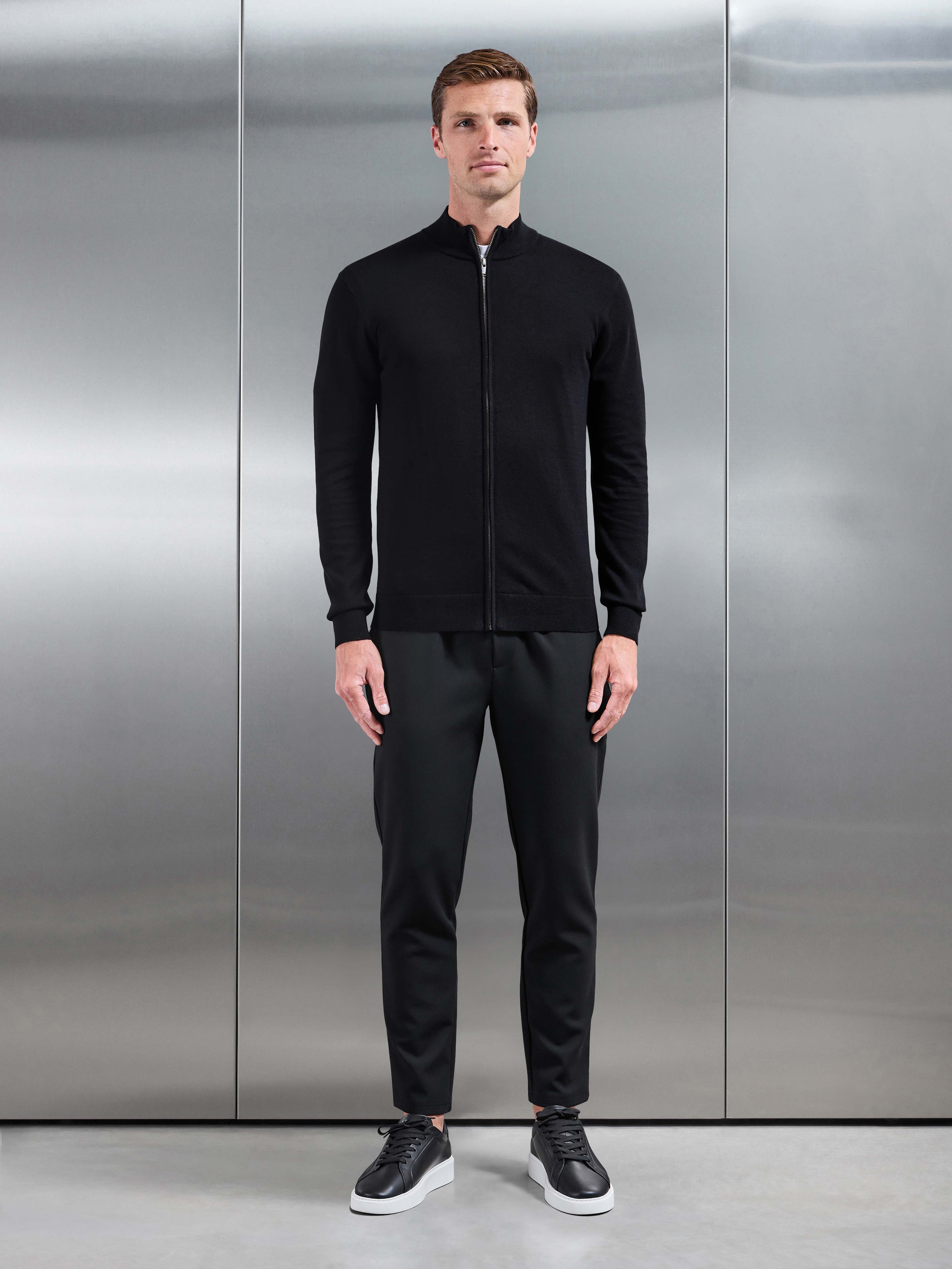 Cotton Knitted Zip Jacket in Black