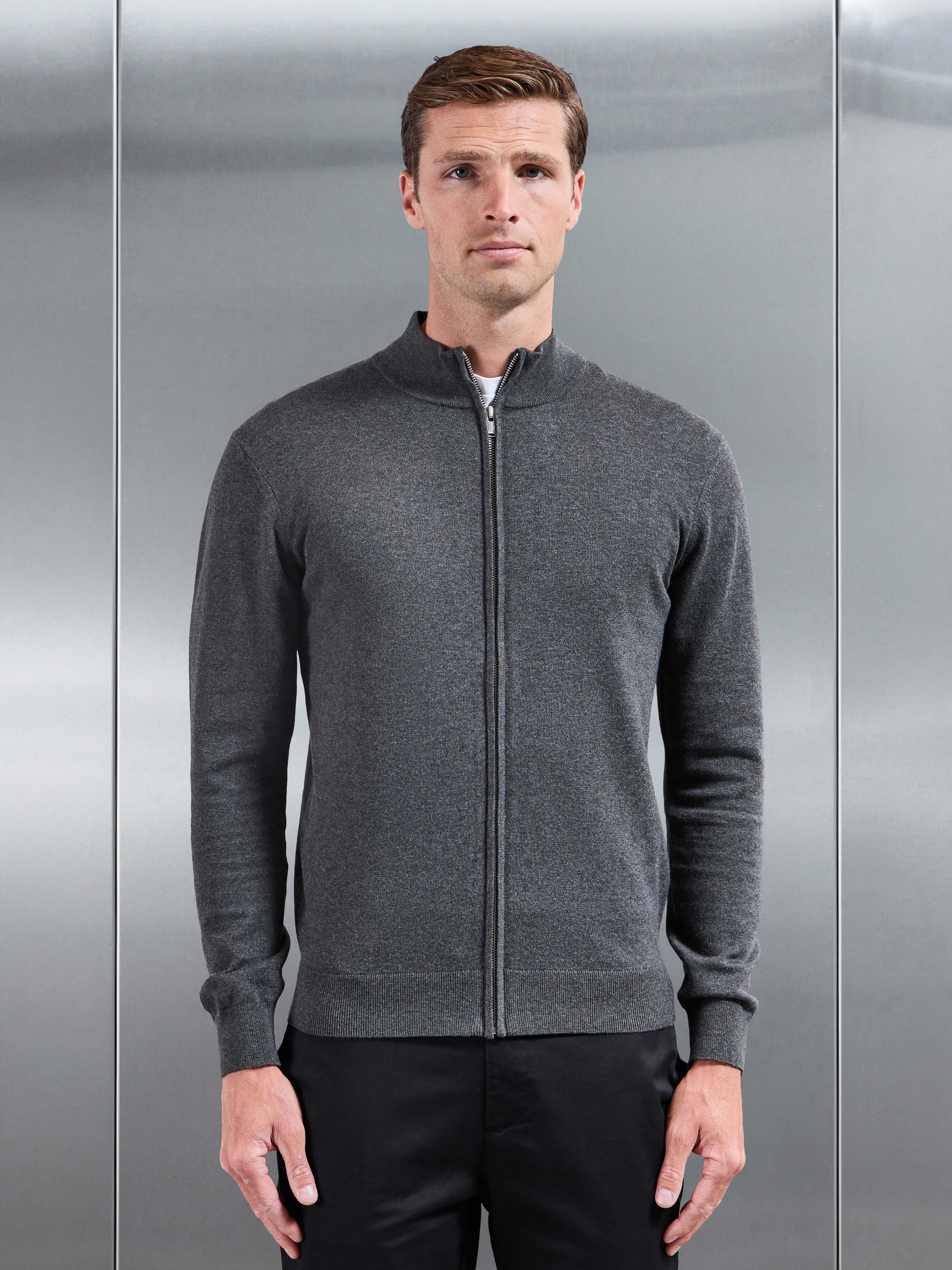 Cotton Knitted Zip Jacket in Charcoal Marl