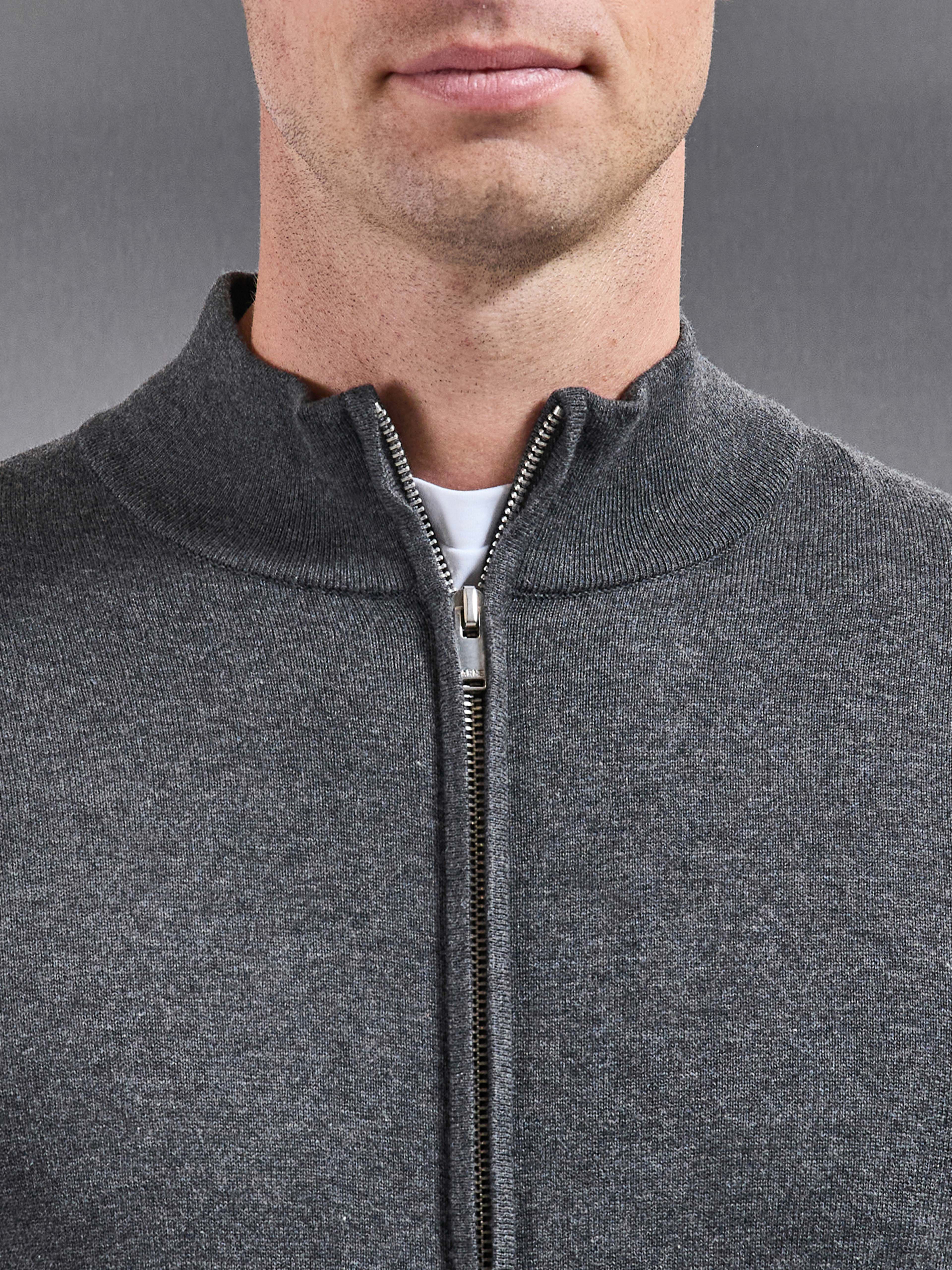 Cotton Knitted Zip Jacket in Charcoal Marl