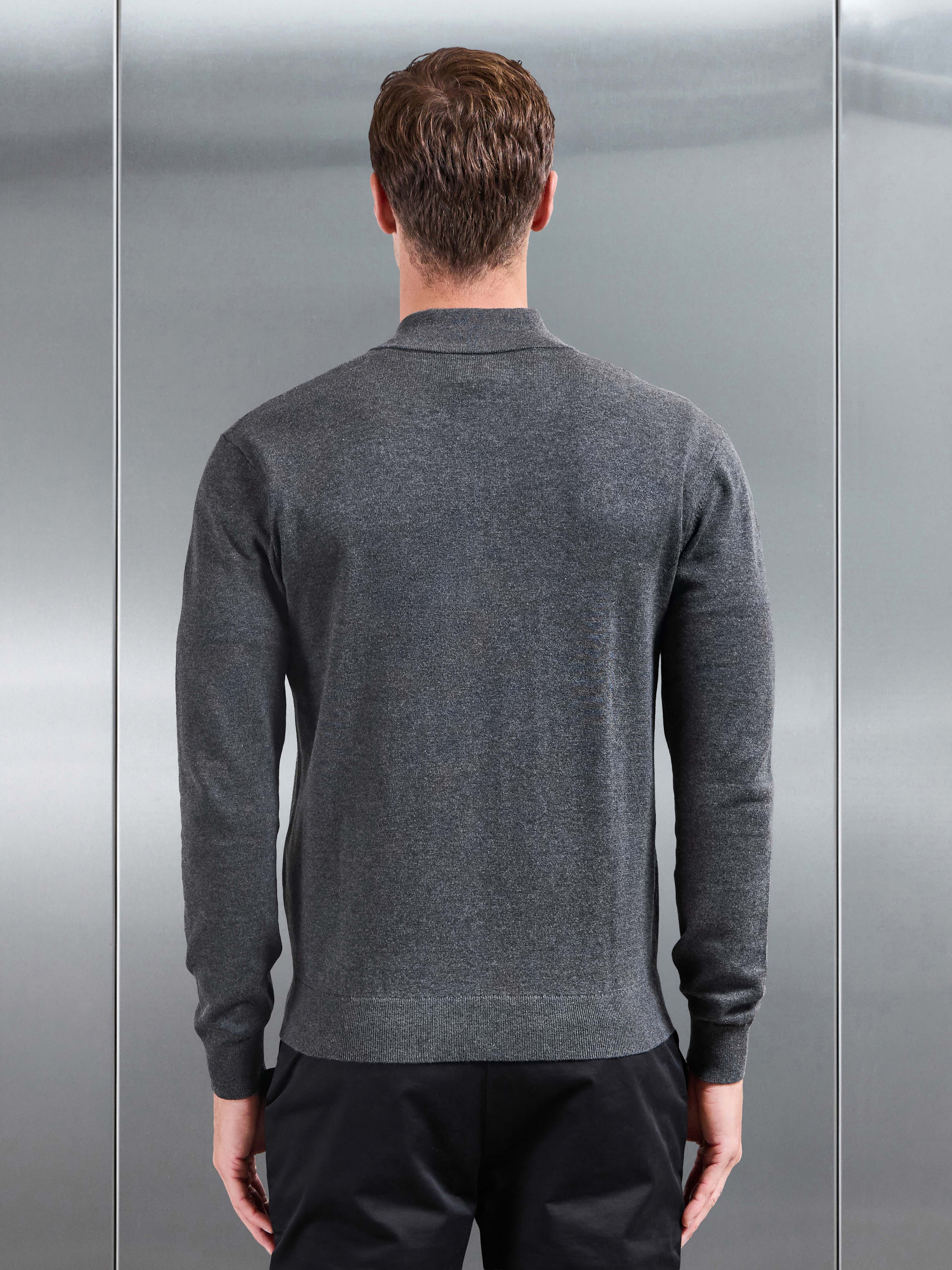 Cotton Knitted Zip Jacket in Charcoal Marl