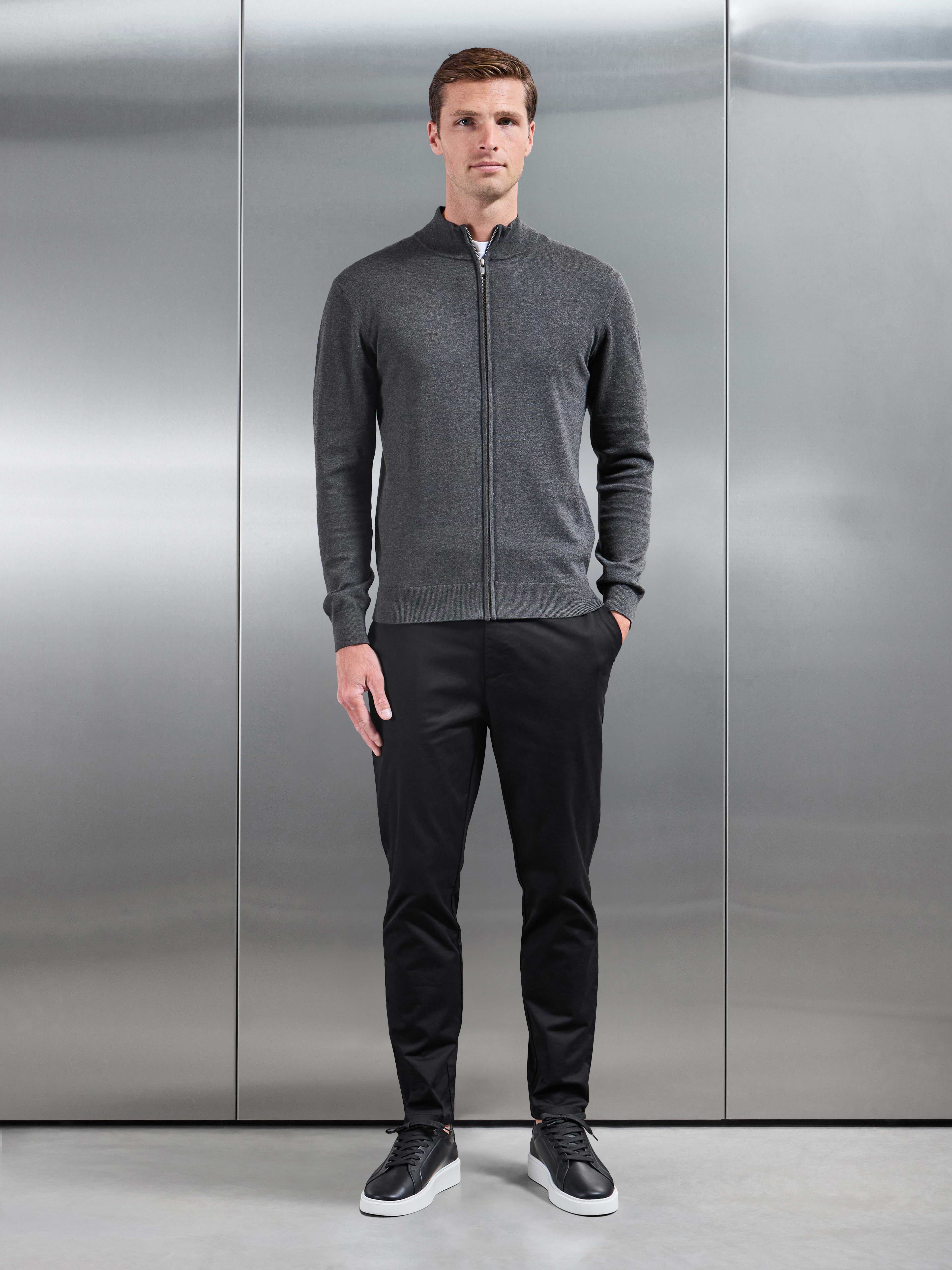 Cotton Knitted Zip Jacket in Charcoal Marl