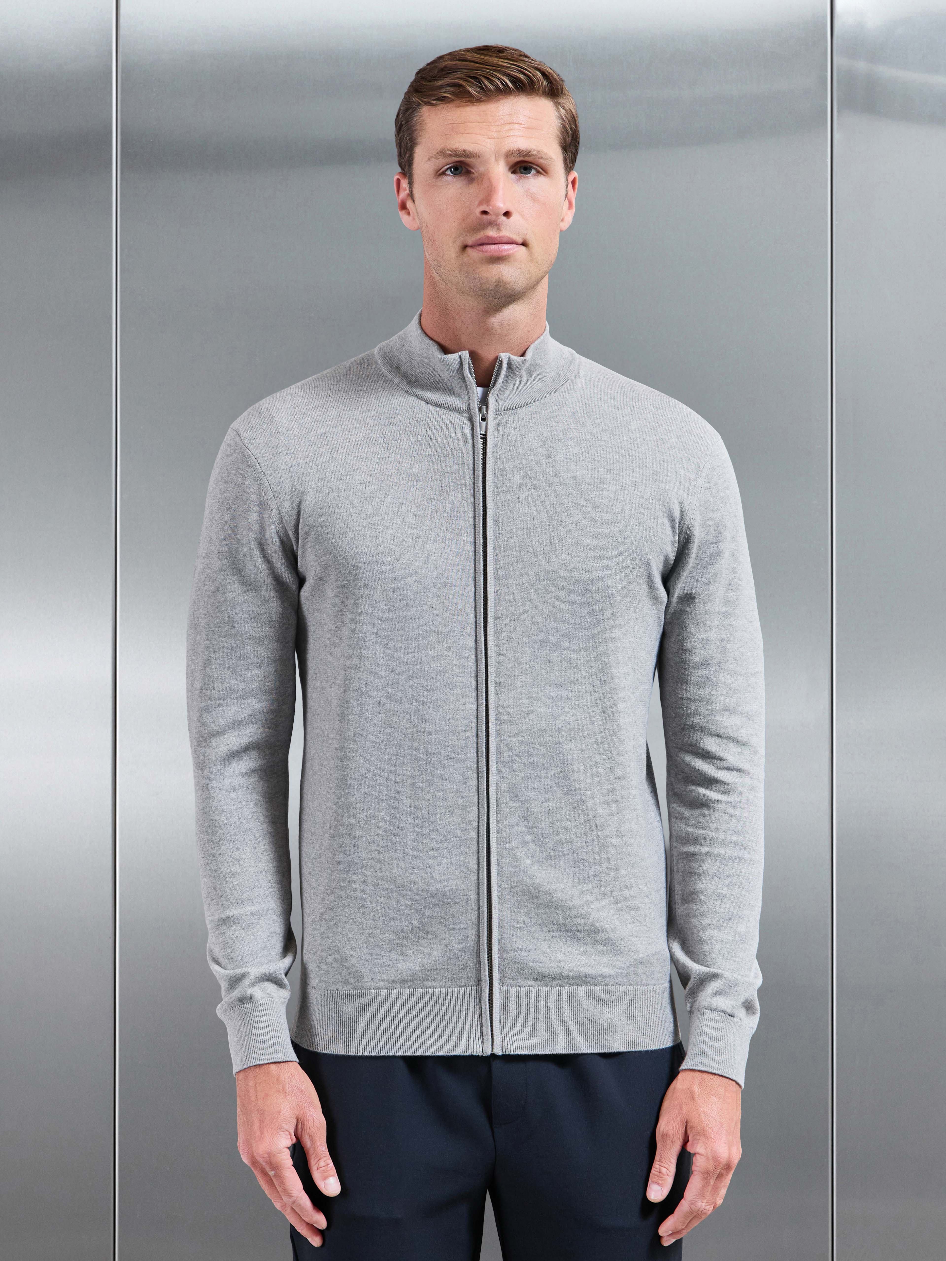 Cotton Knitted Zip Jacket in Grey Marl