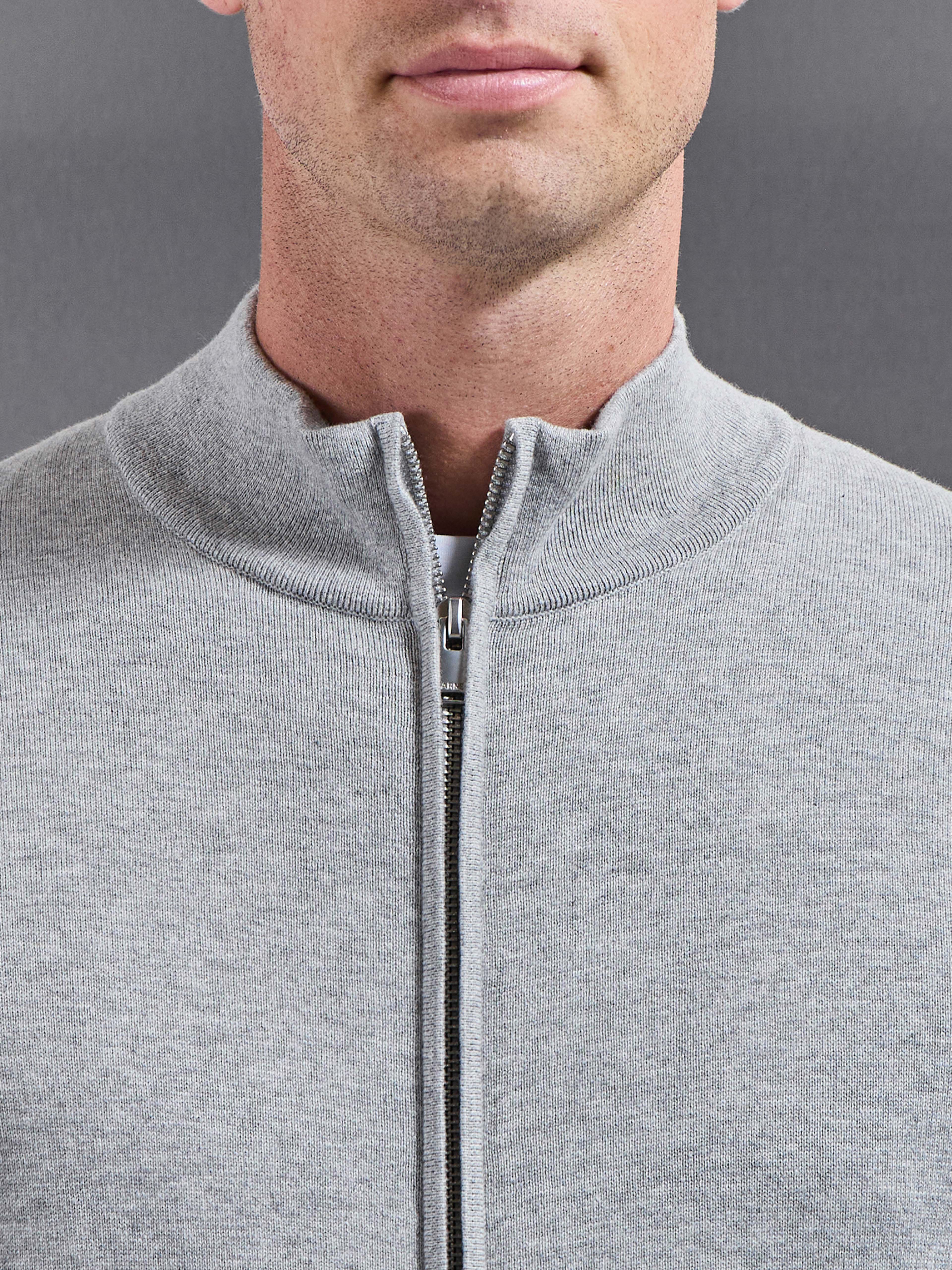 Cotton Knitted Zip Jacket in Grey Marl