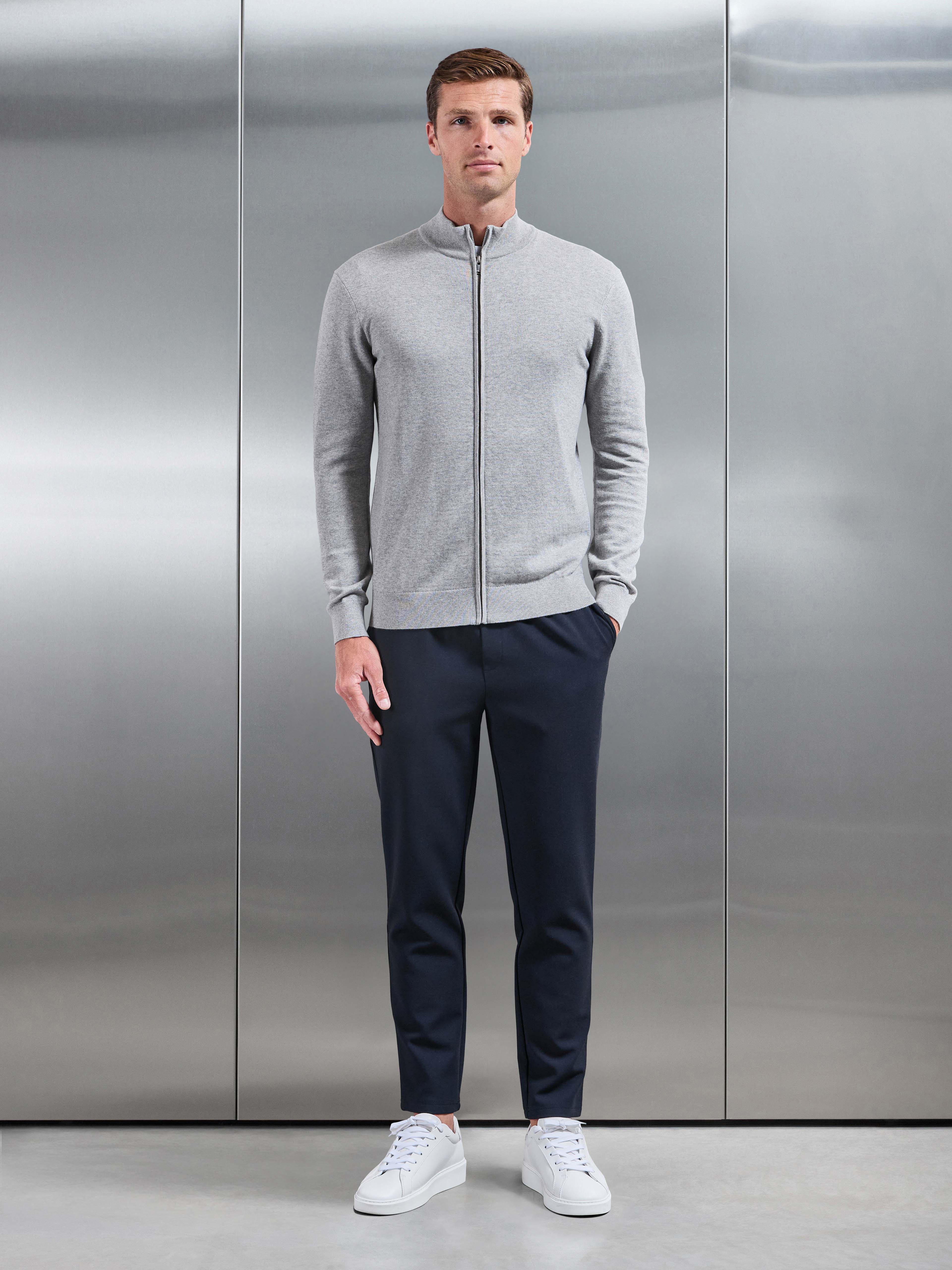 Cotton Knitted Zip Jacket in Grey Marl
