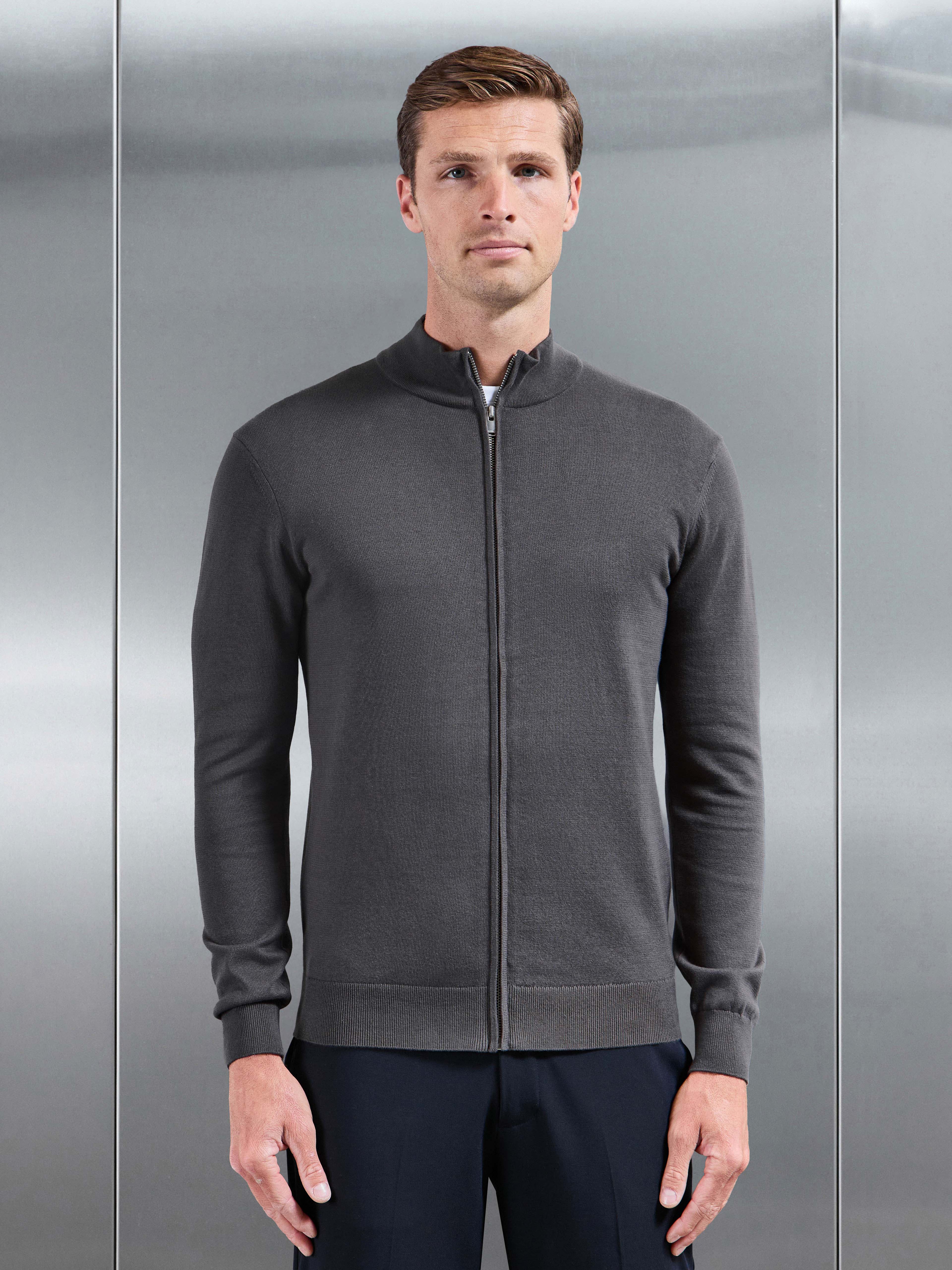 Cotton Knitted Zip Jacket In Grey