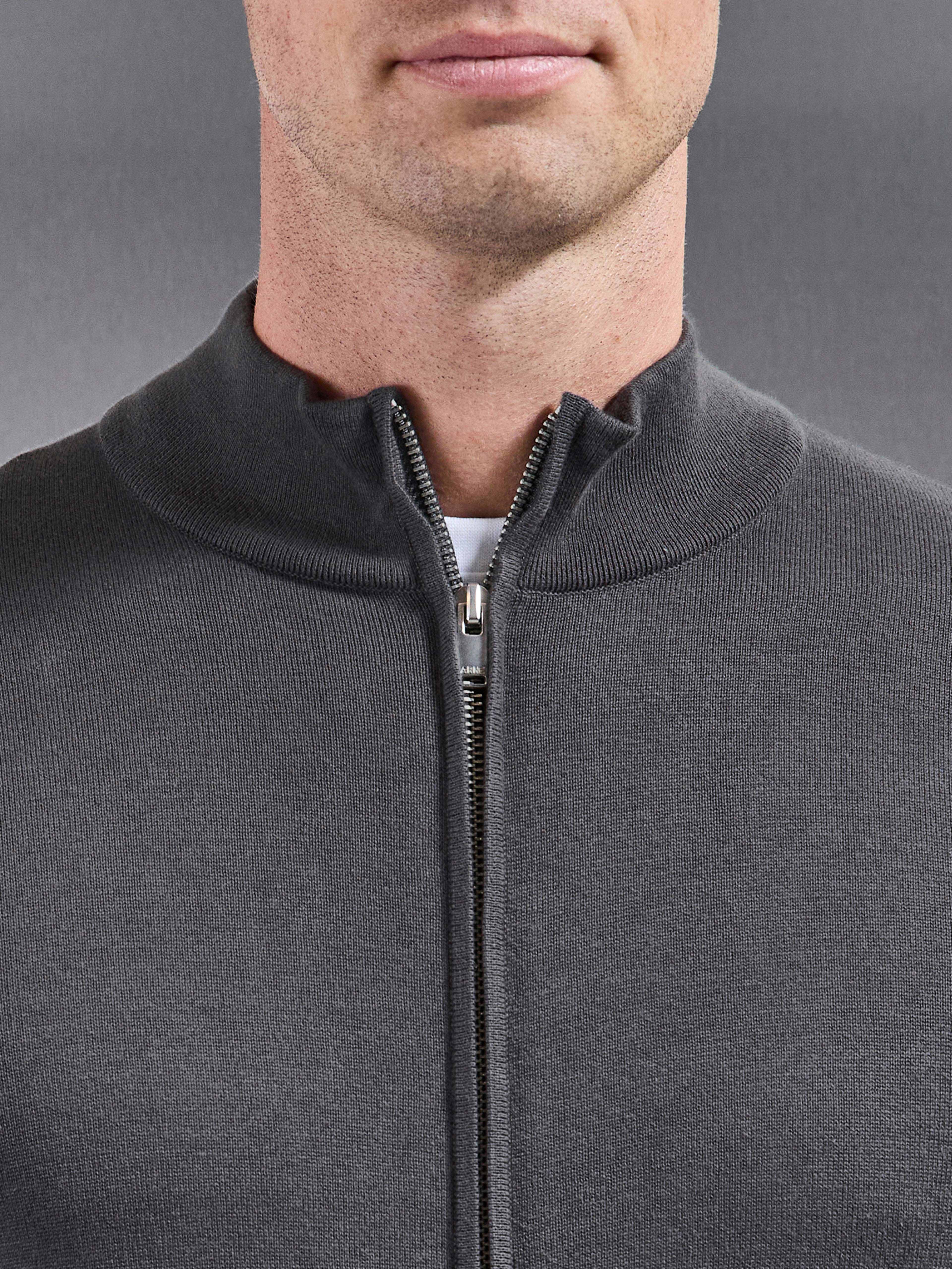 Cotton Knitted Zip Jacket In Grey