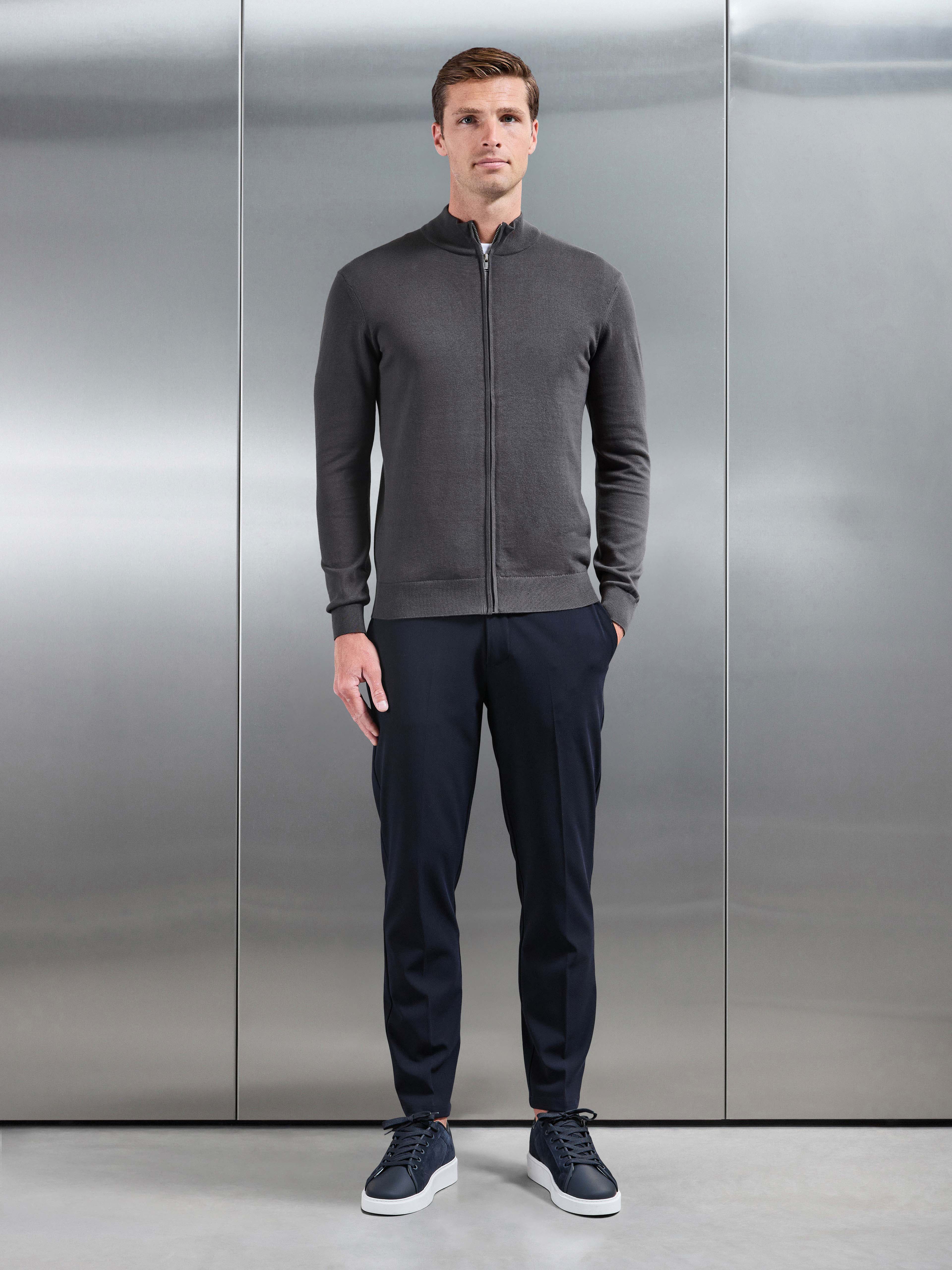 Cotton Knitted Zip Jacket In Grey