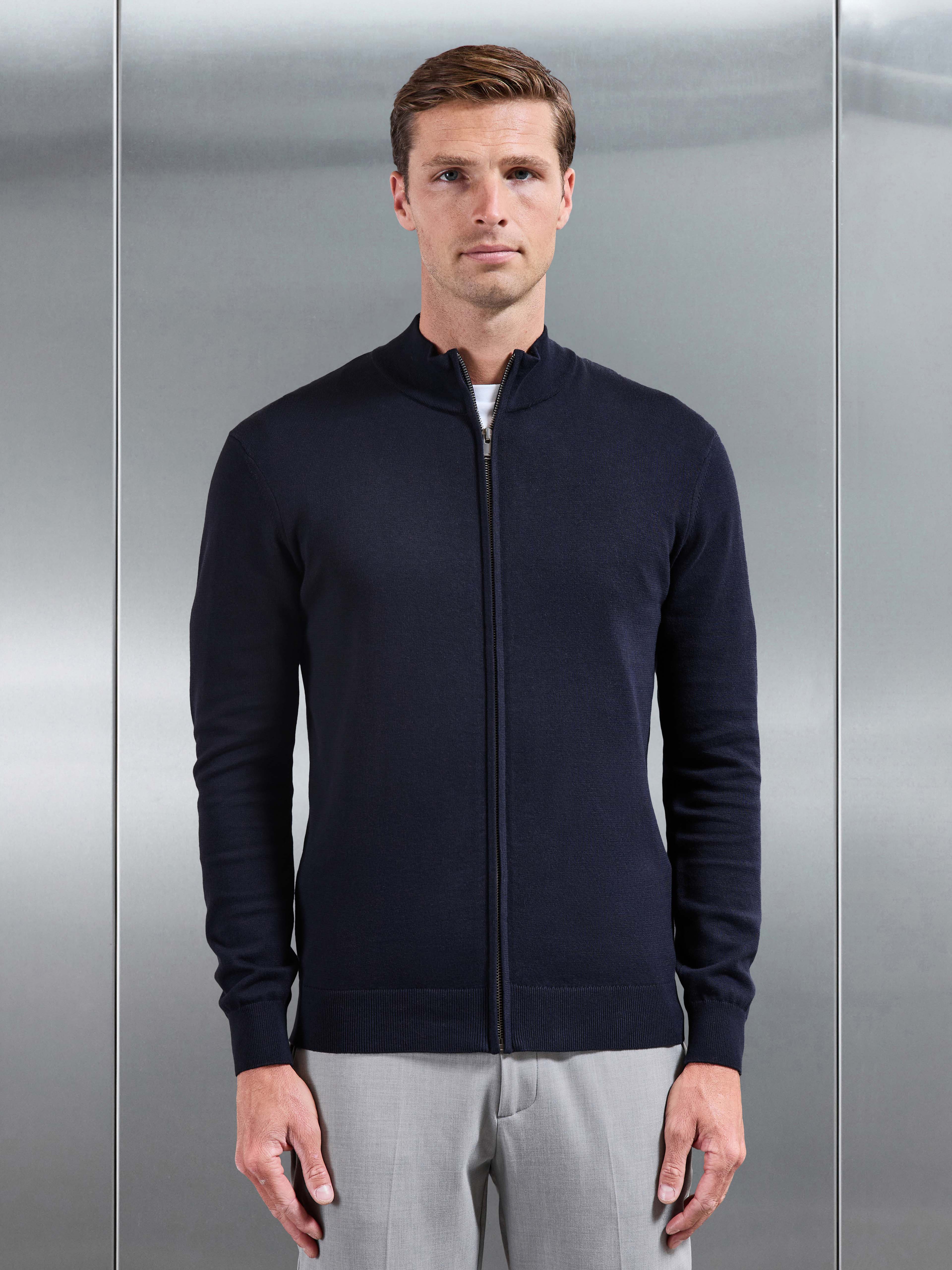 Cotton Knitted Zip Jacket in Navy