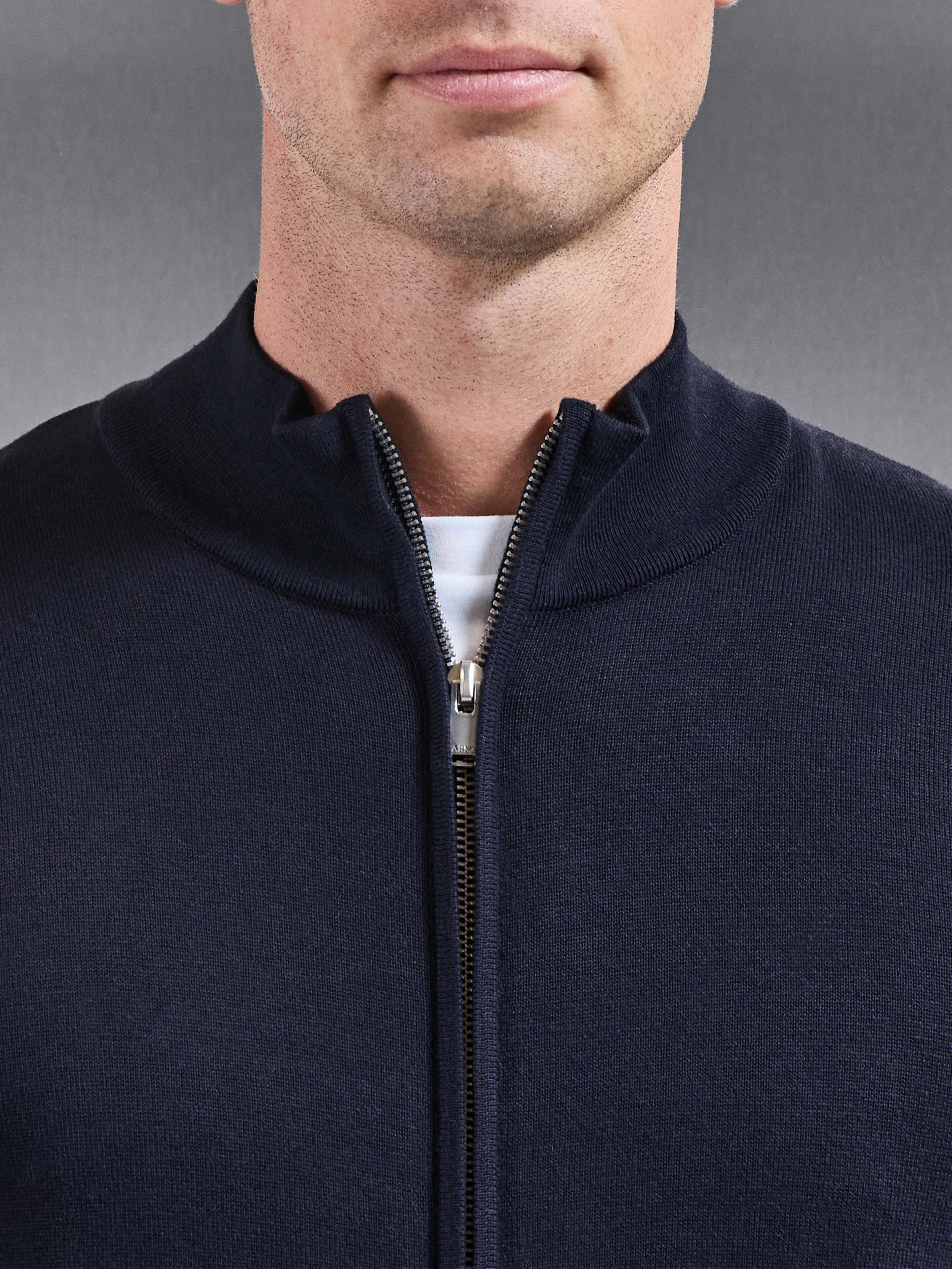 Cotton Knitted Zip Jacket in Navy