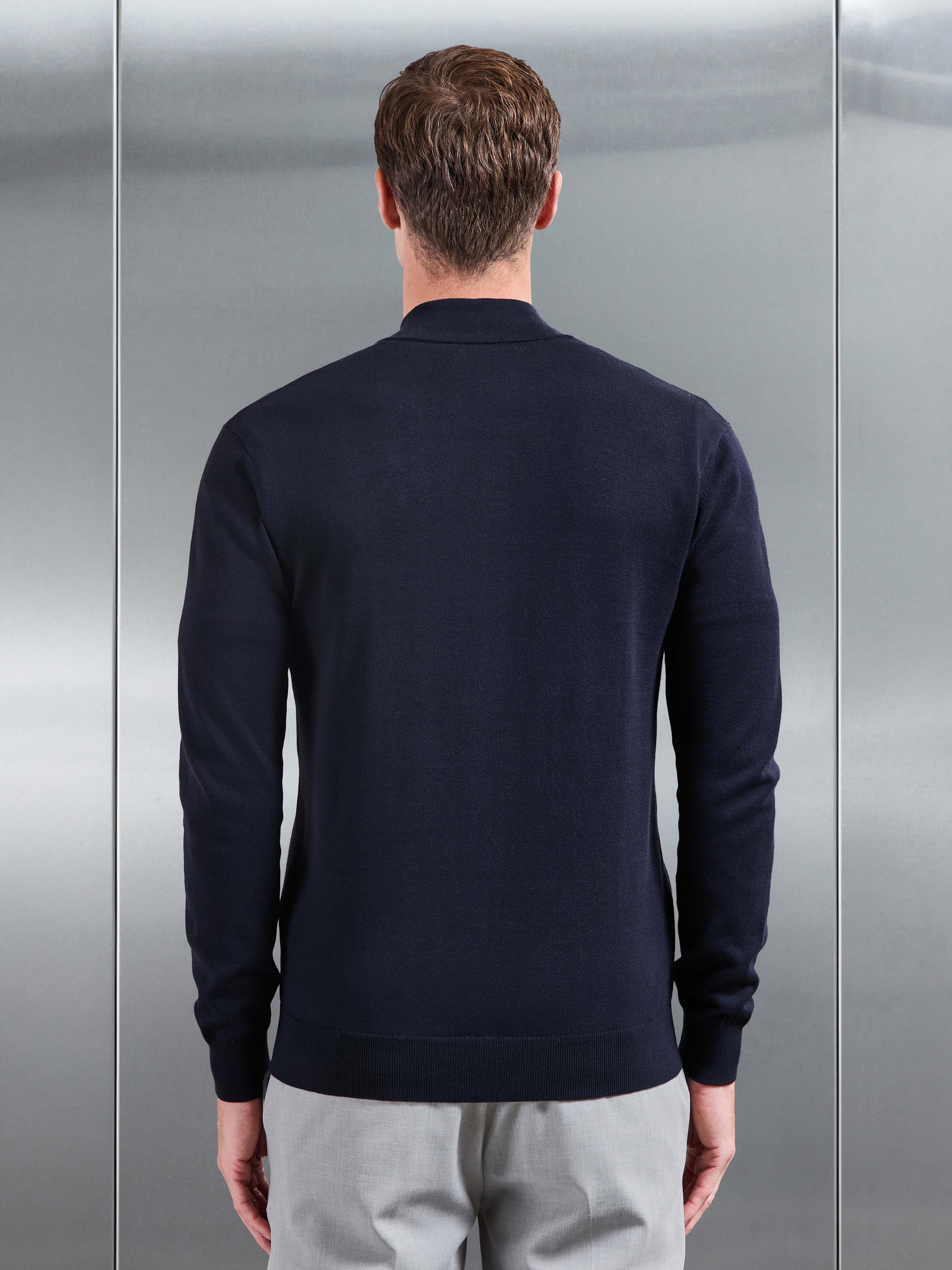 Cotton Knitted Zip Jacket in Navy