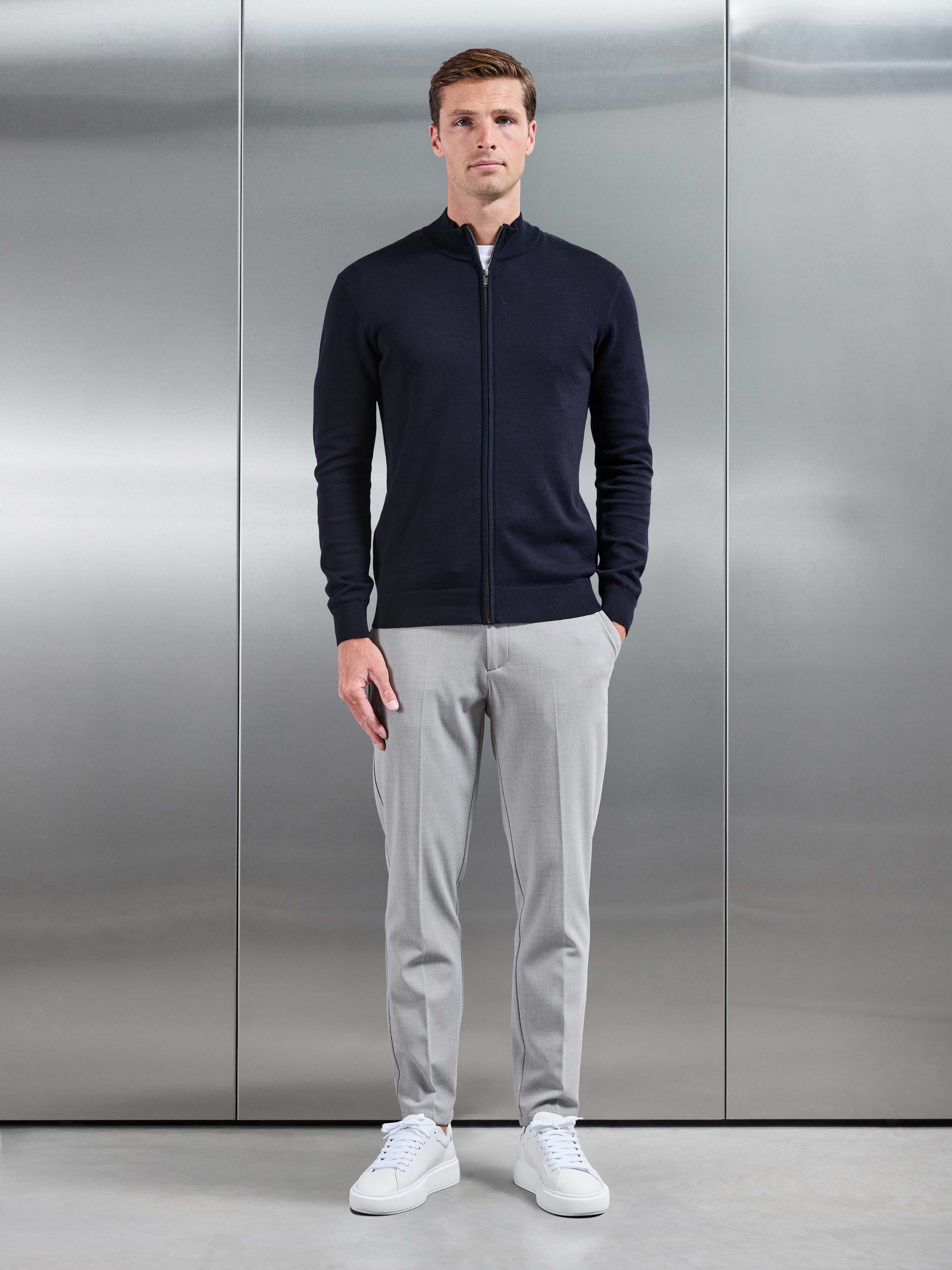 Cotton Knitted Zip Jacket in Navy