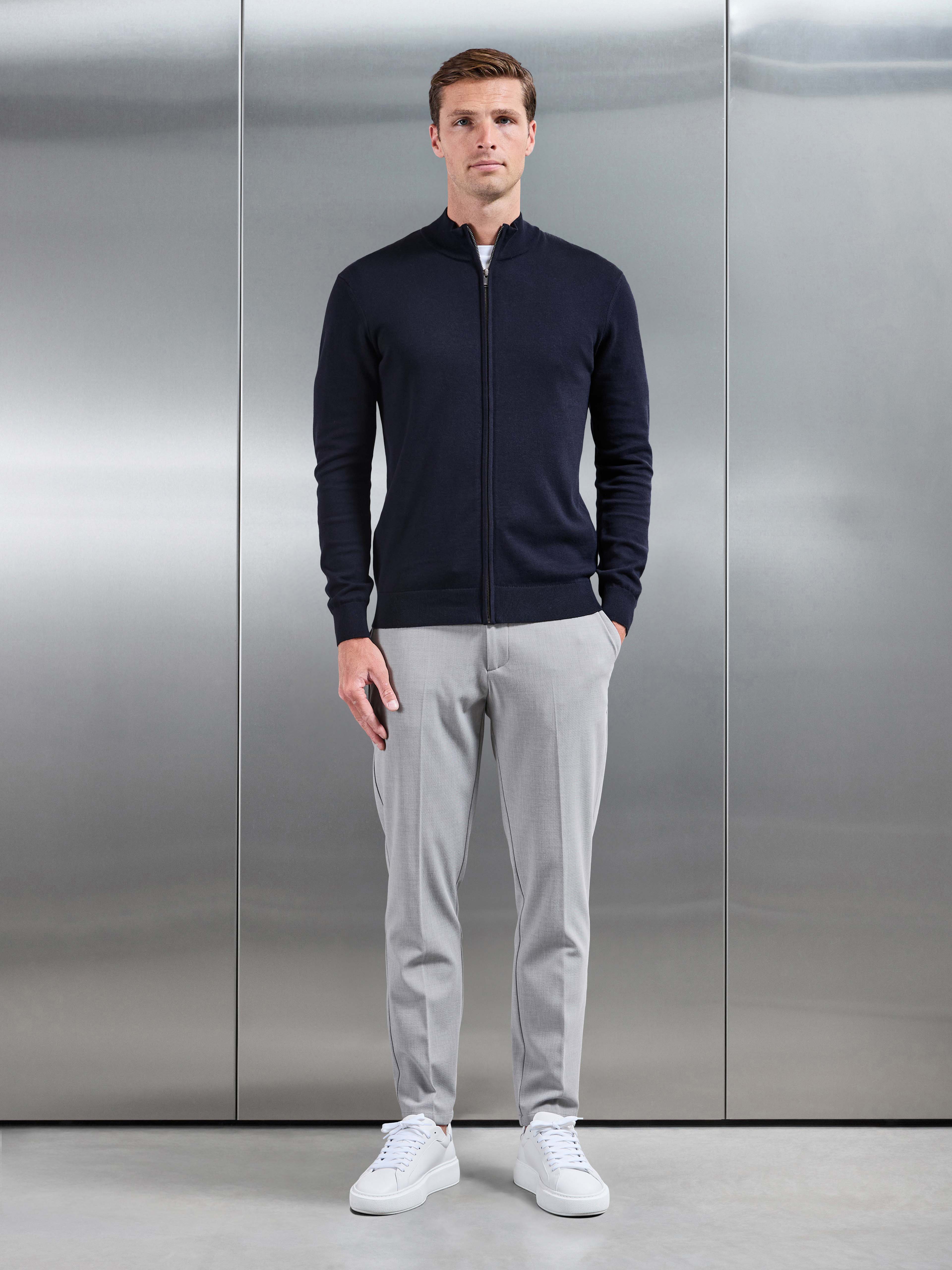 Cotton Knitted Zip Jacket in Navy