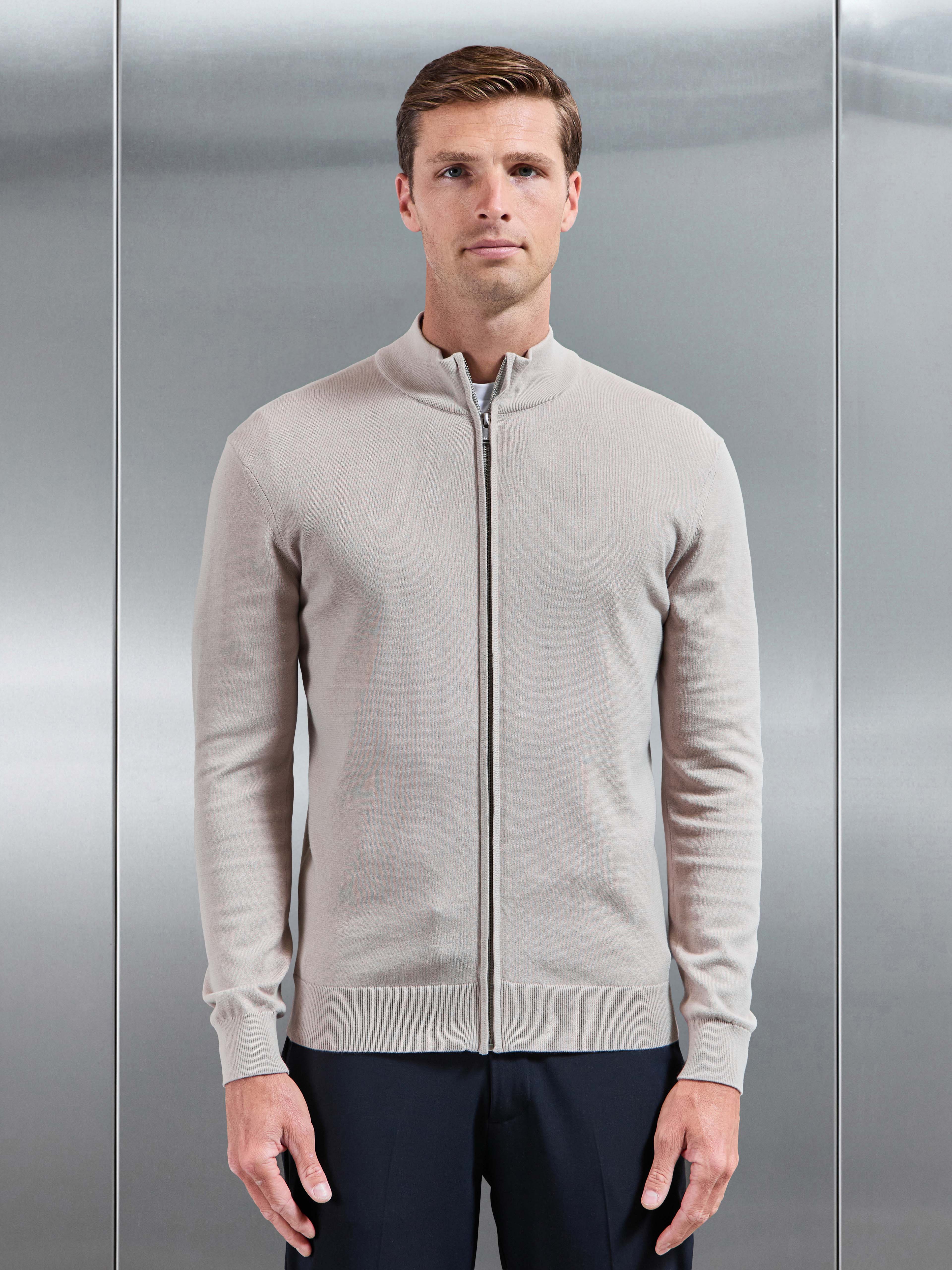 Cotton Knitted Zip Jacket in Stone
