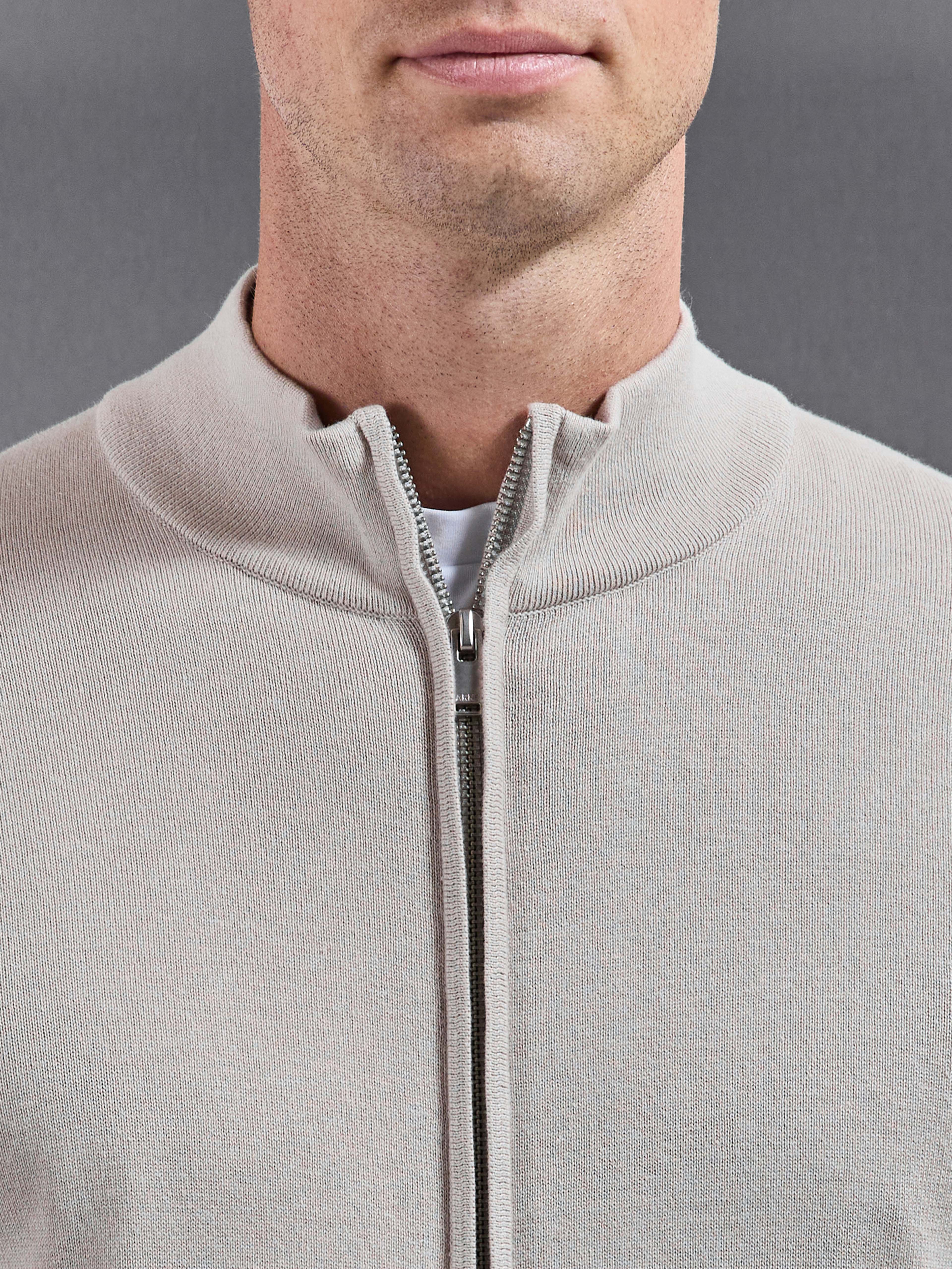 Cotton Knitted Zip Jacket in Stone