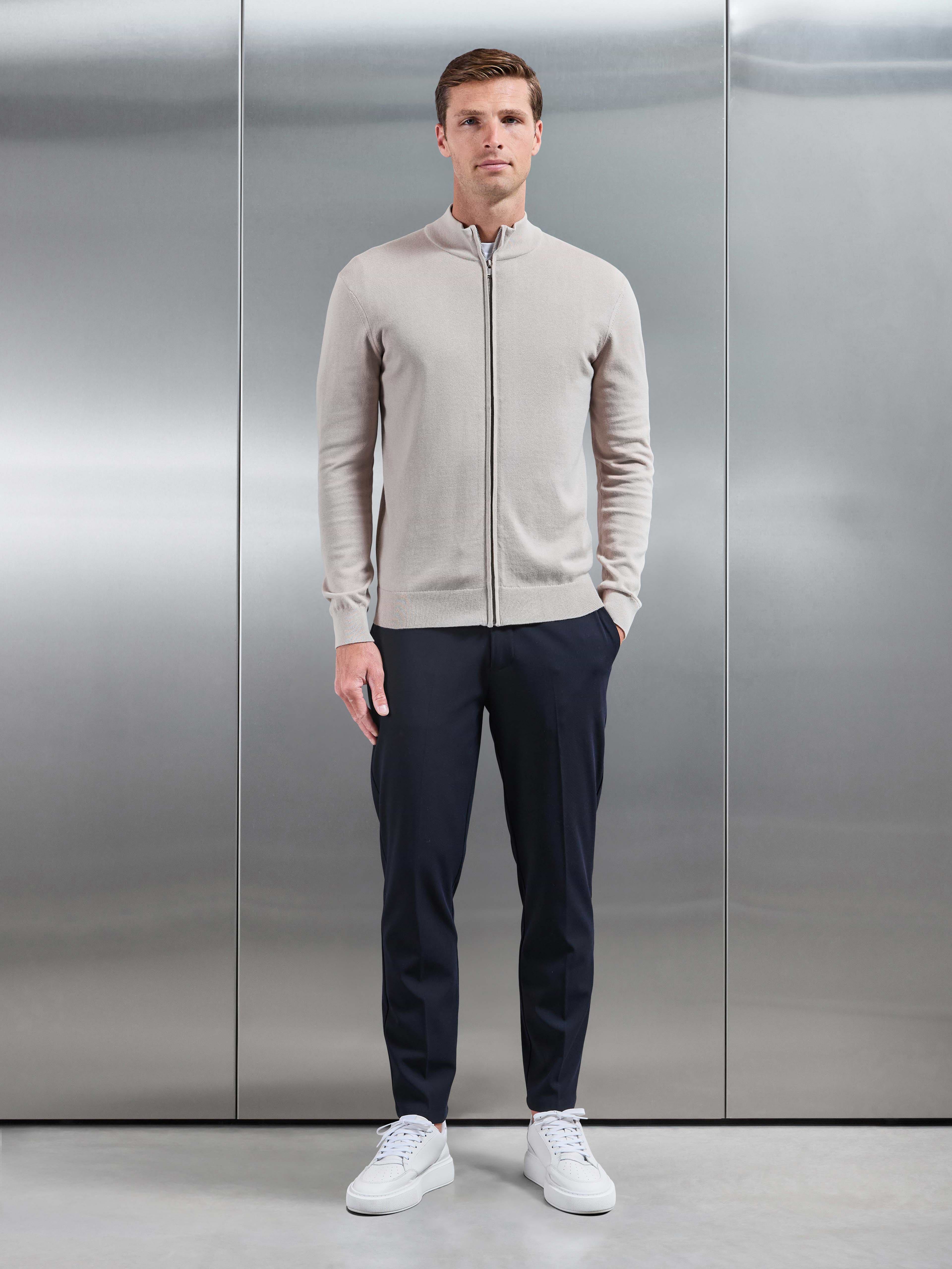 Cotton Knitted Zip Jacket in Stone