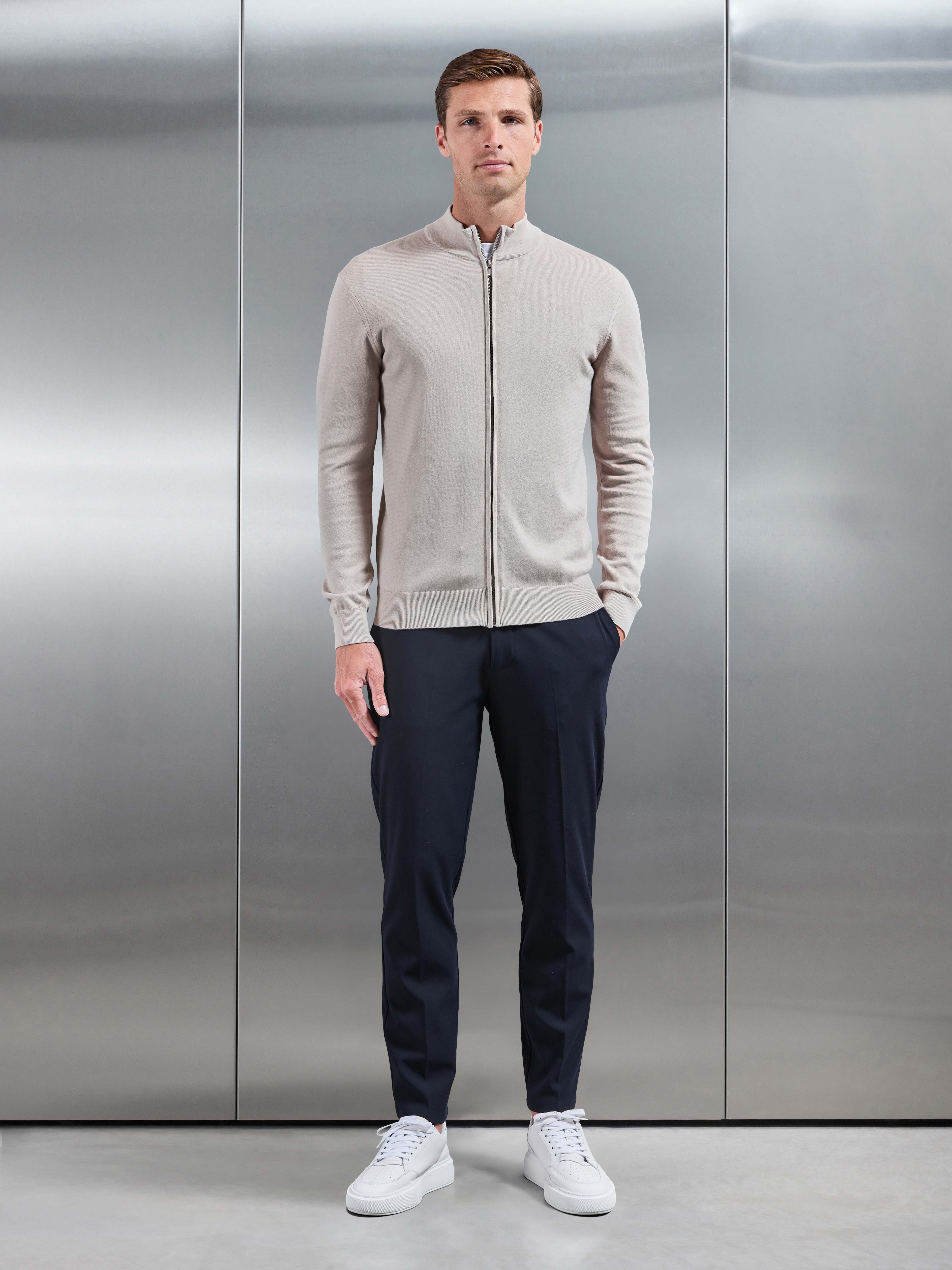 Cotton Knitted Zip Jacket in Stone