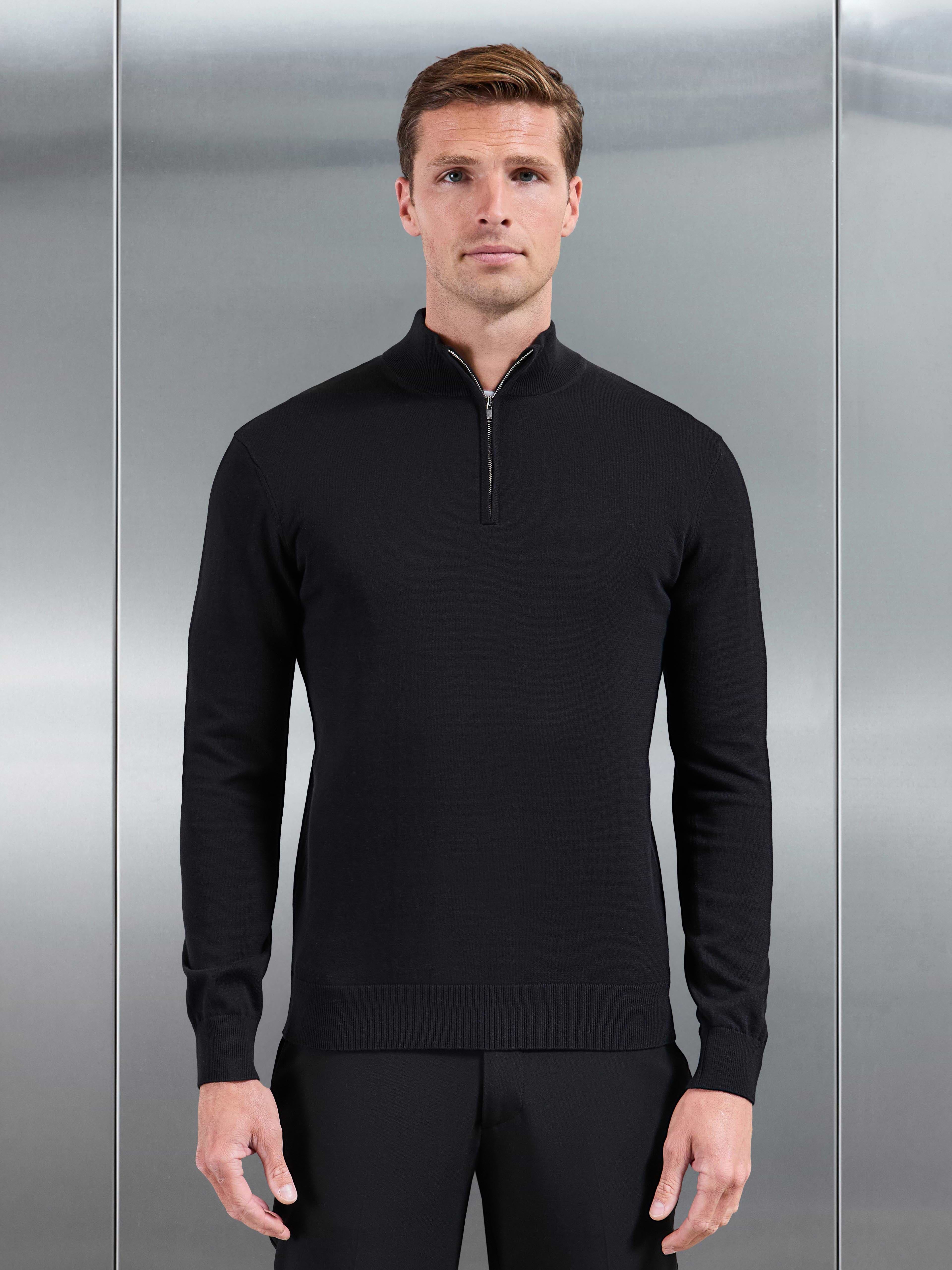 Cotton Knitted Half Zip Jumper in Black