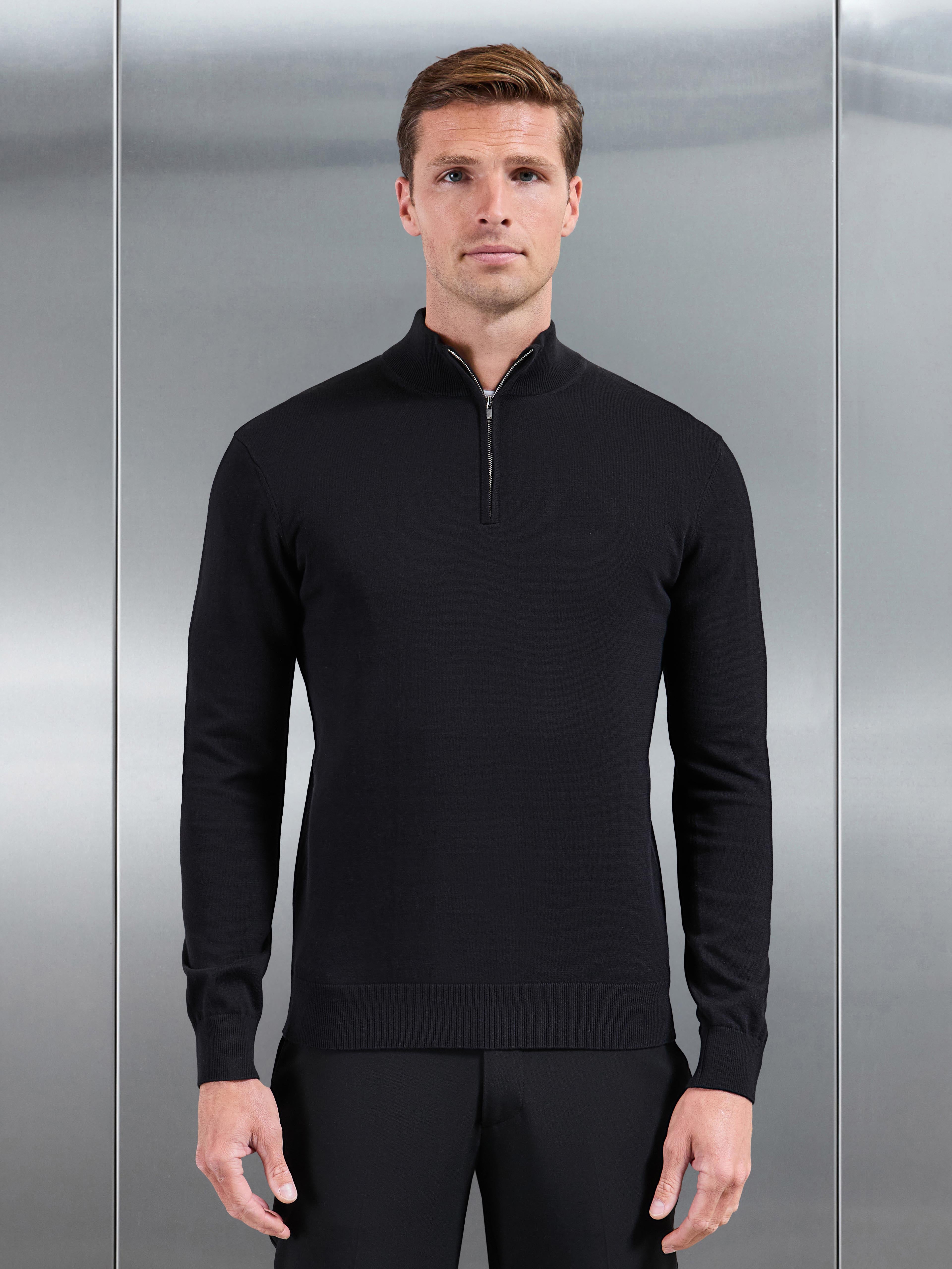 Cotton Knitted Half Zip Jumper in Black