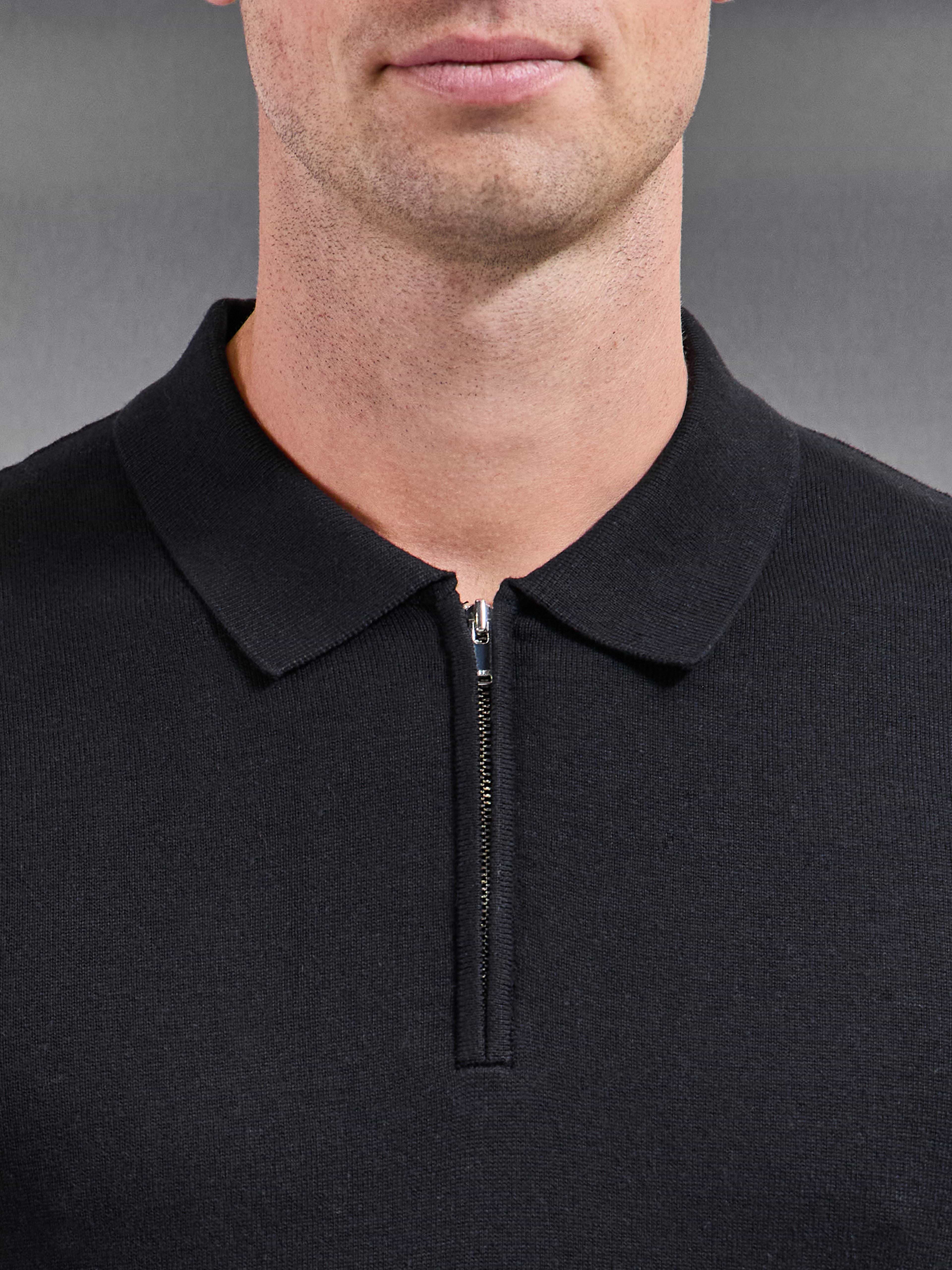 Cotton Knitted Zip Polo Shirt in Black