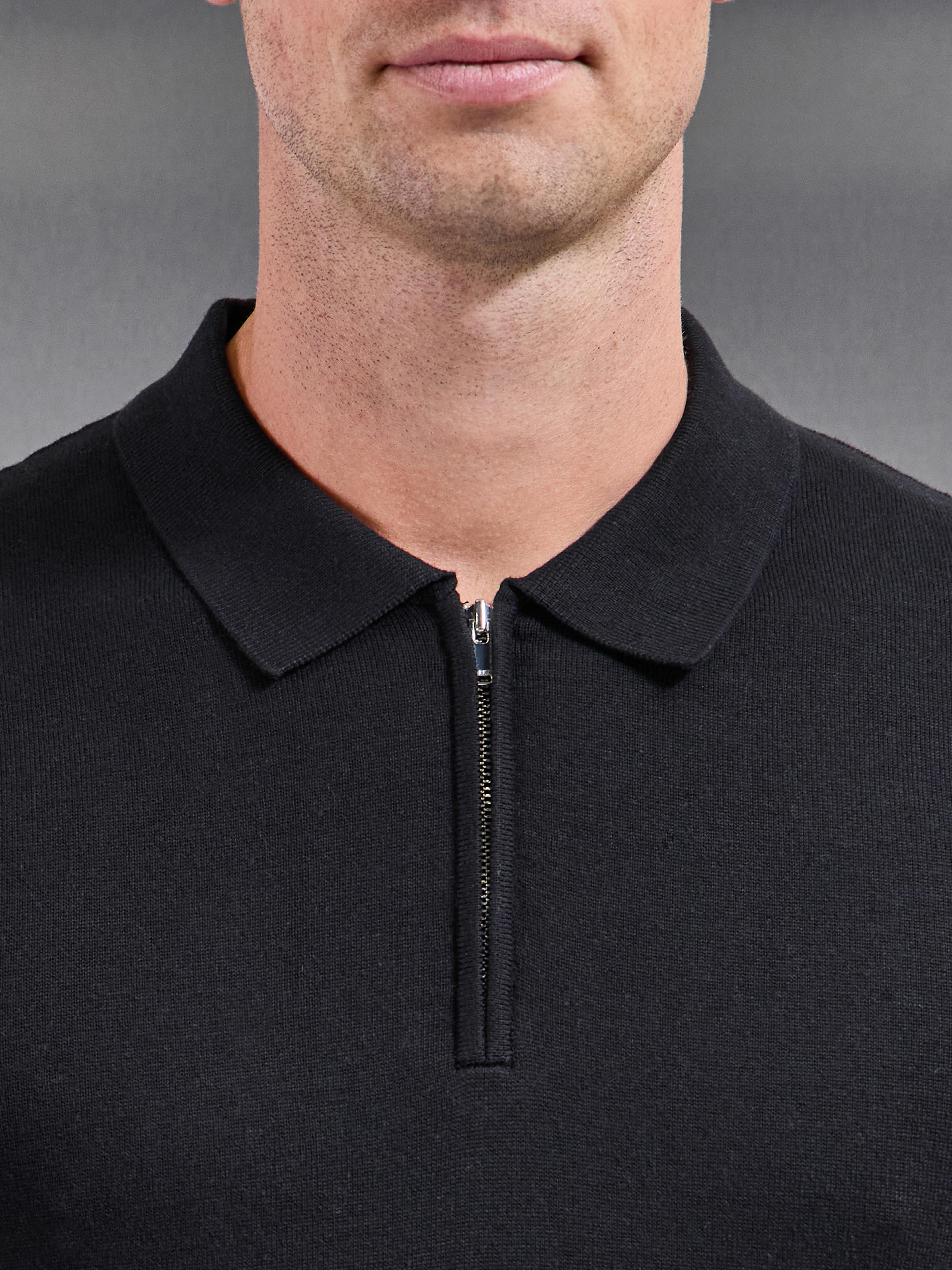 Cotton Knitted Zip Polo Shirt in Black
