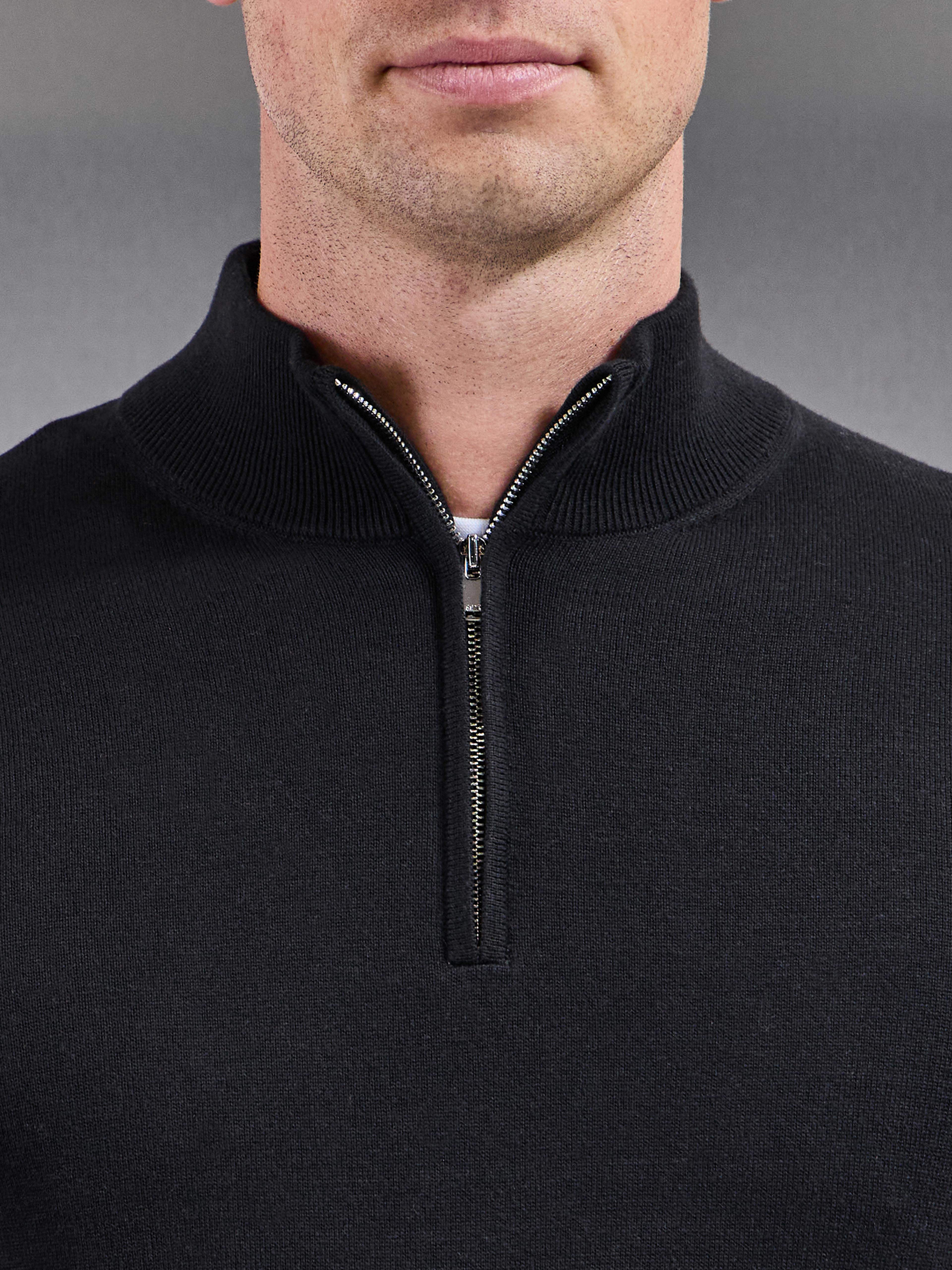 Cotton Knitted Half Zip Jumper in Black