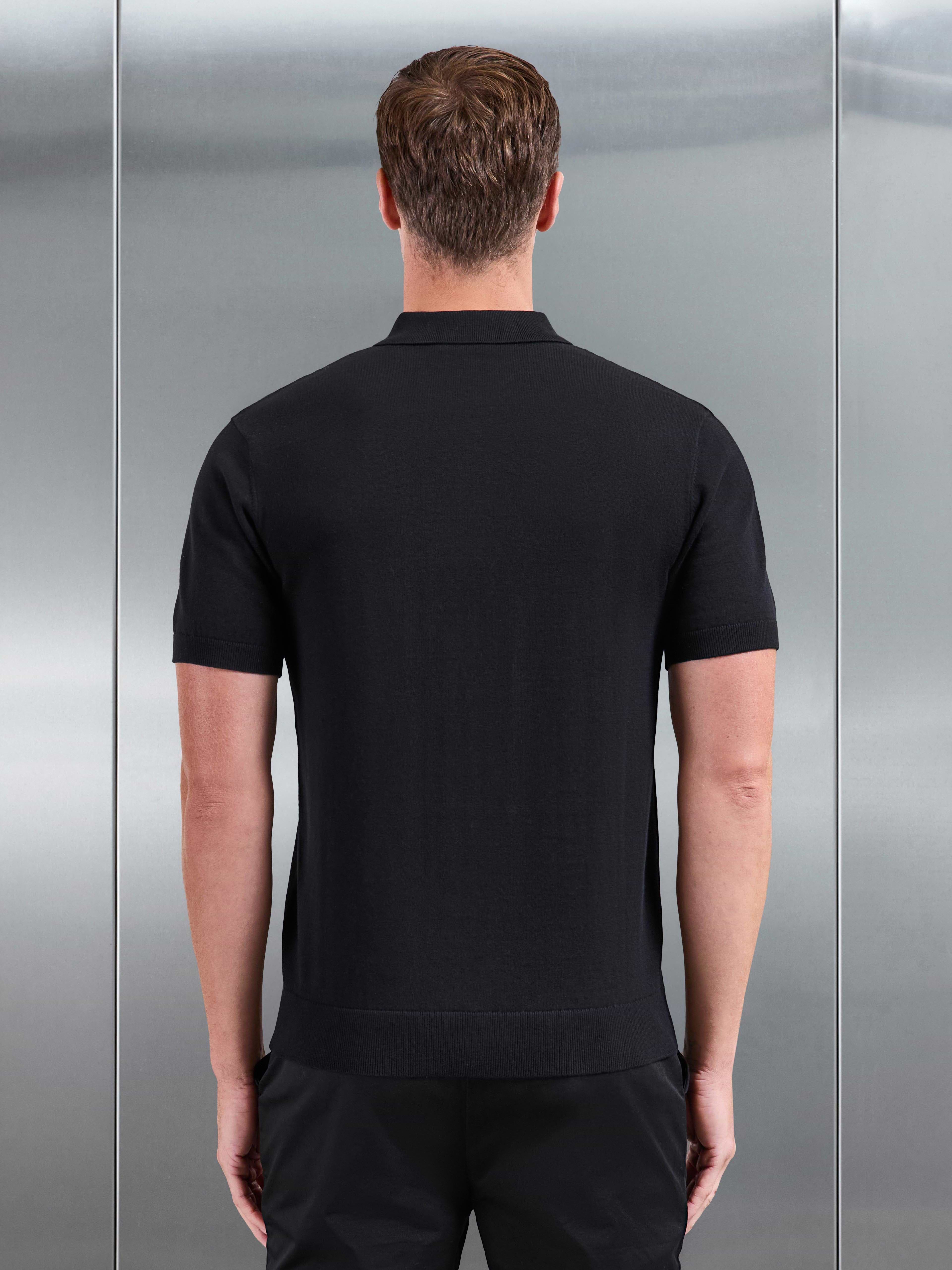 Cotton Knitted Zip Polo Shirt in Black