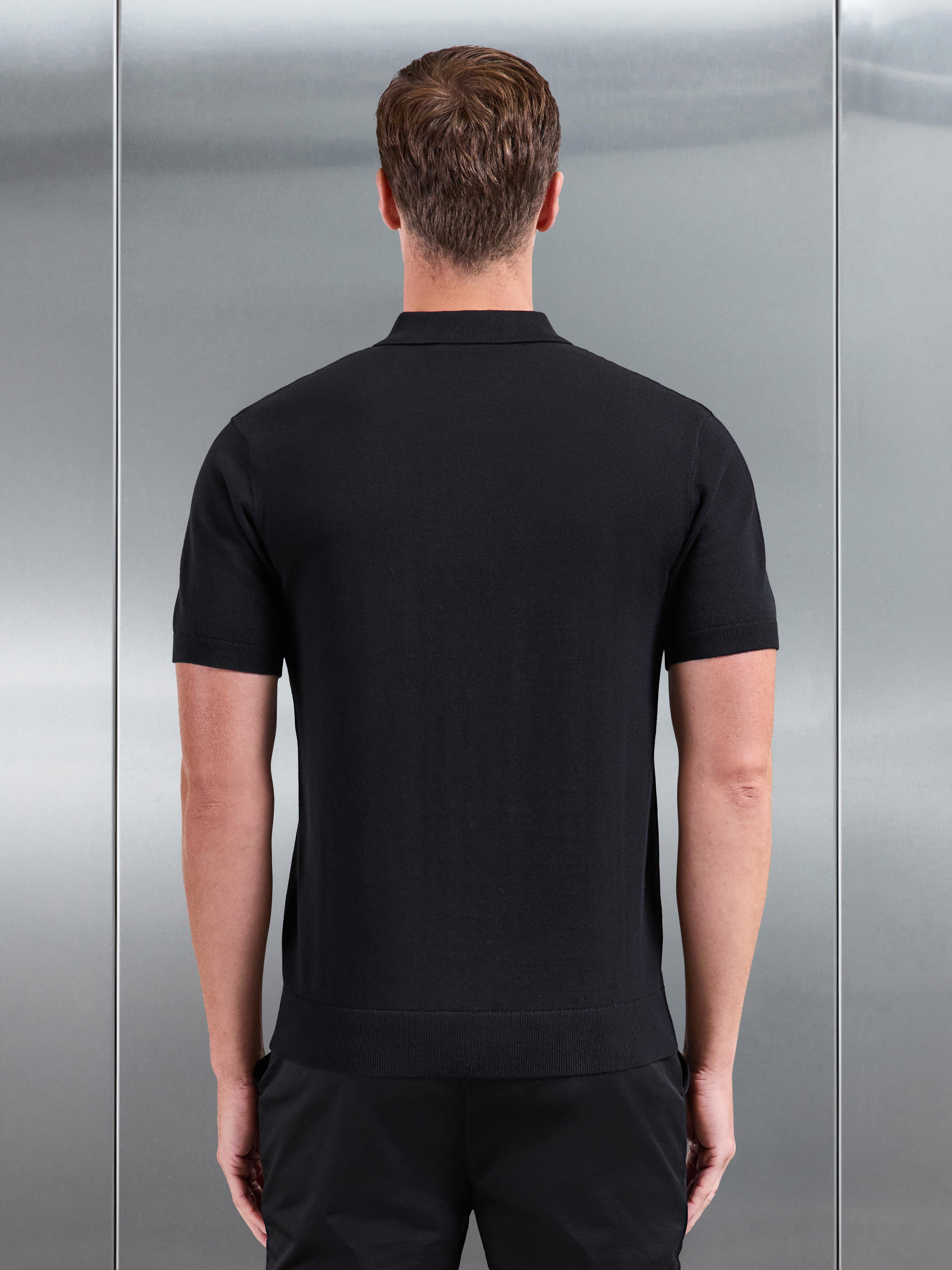 Cotton Knitted Zip Polo Shirt in Black