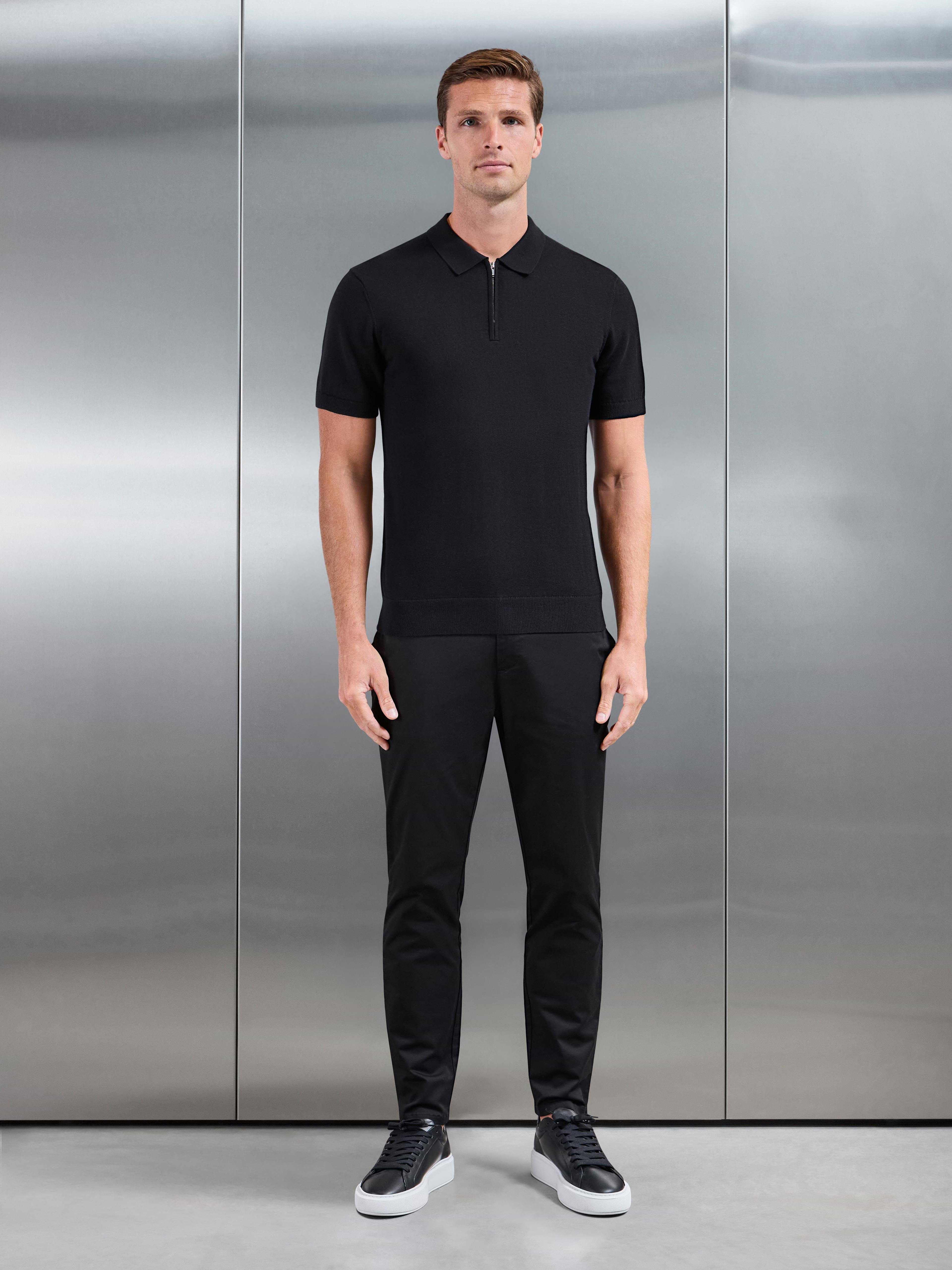 Cotton Knitted Zip Polo Shirt in Black