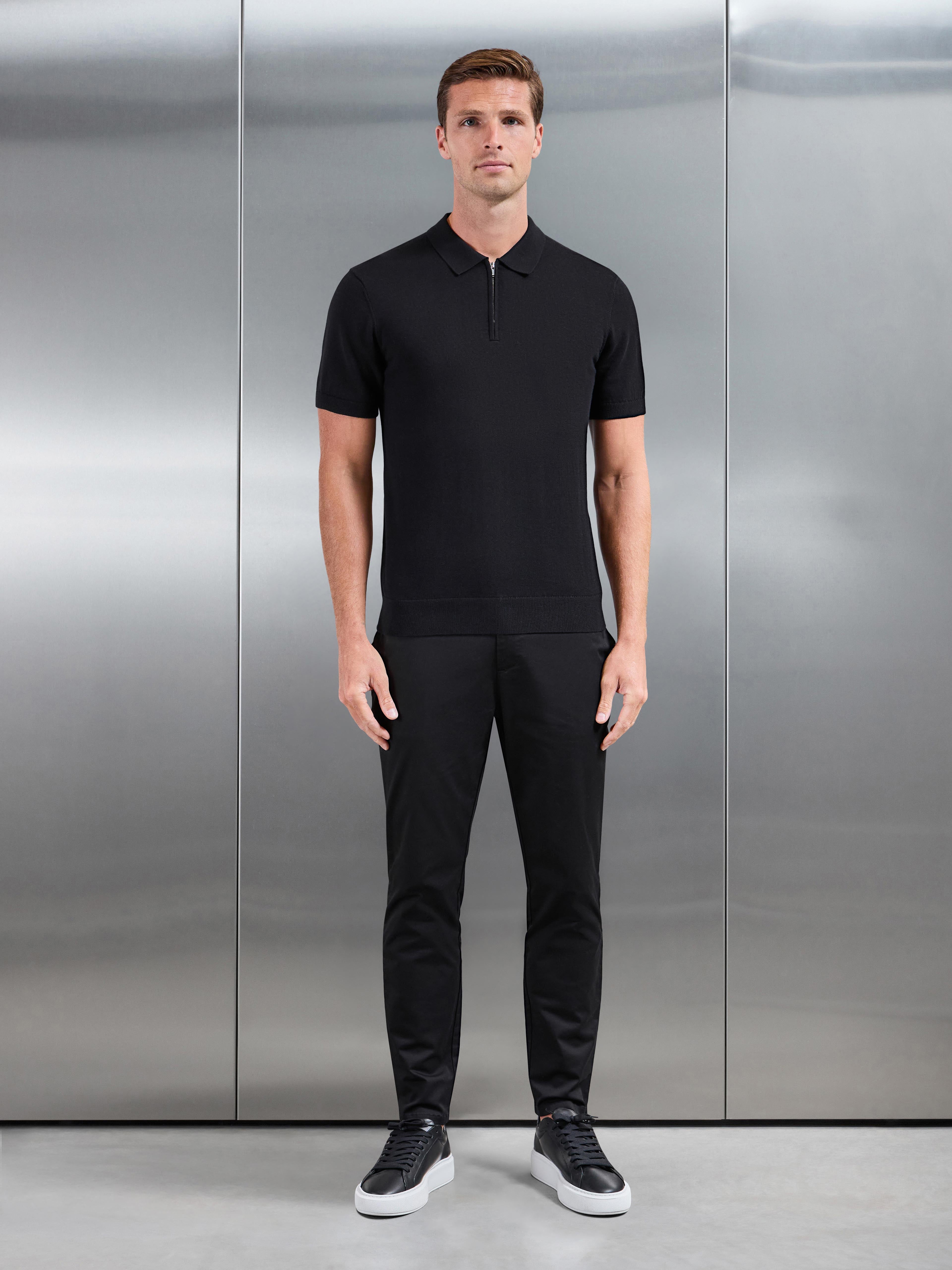 Cotton Knitted Zip Polo Shirt in Black