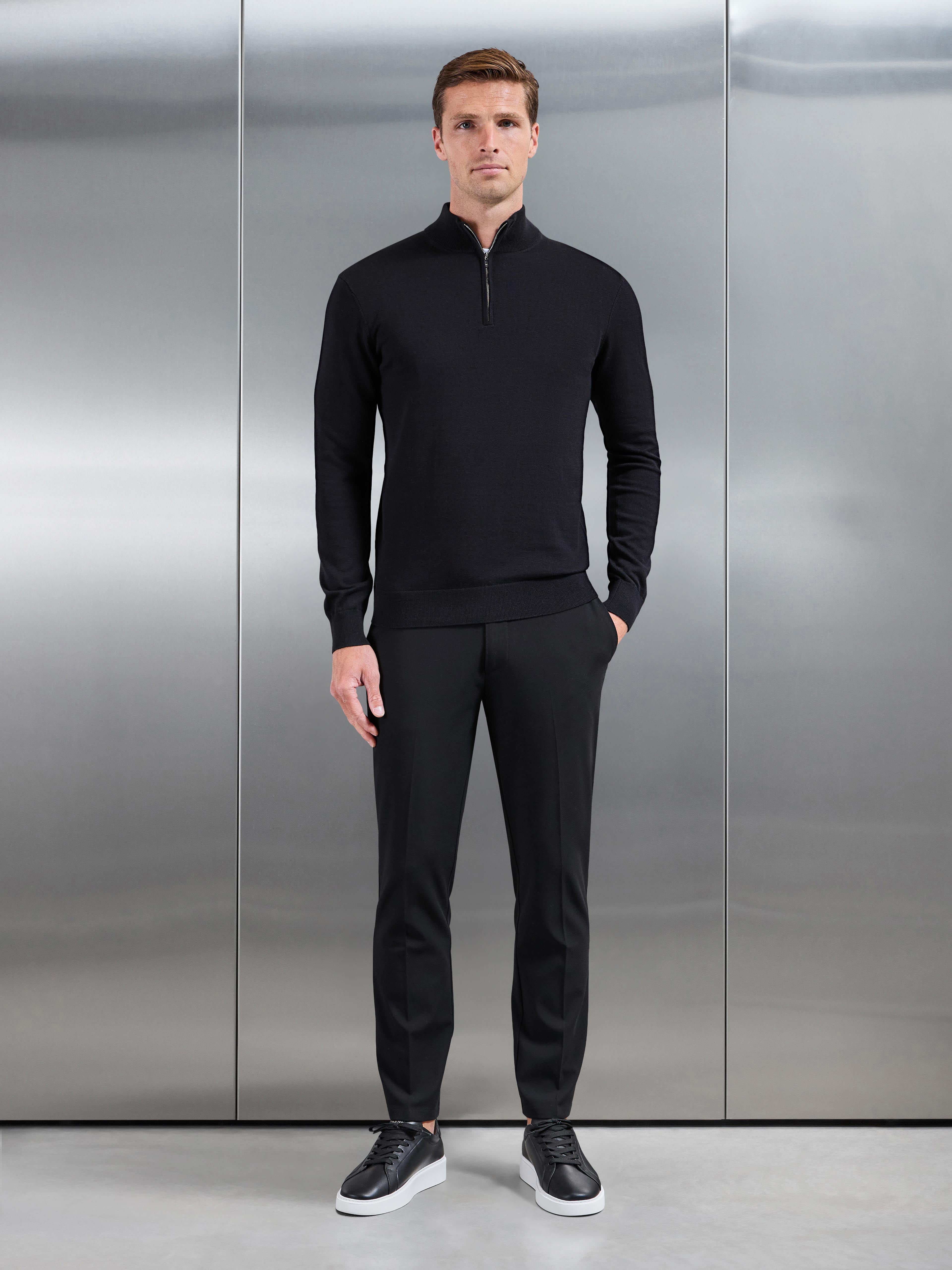Cotton Knitted Half Zip Jumper in Black