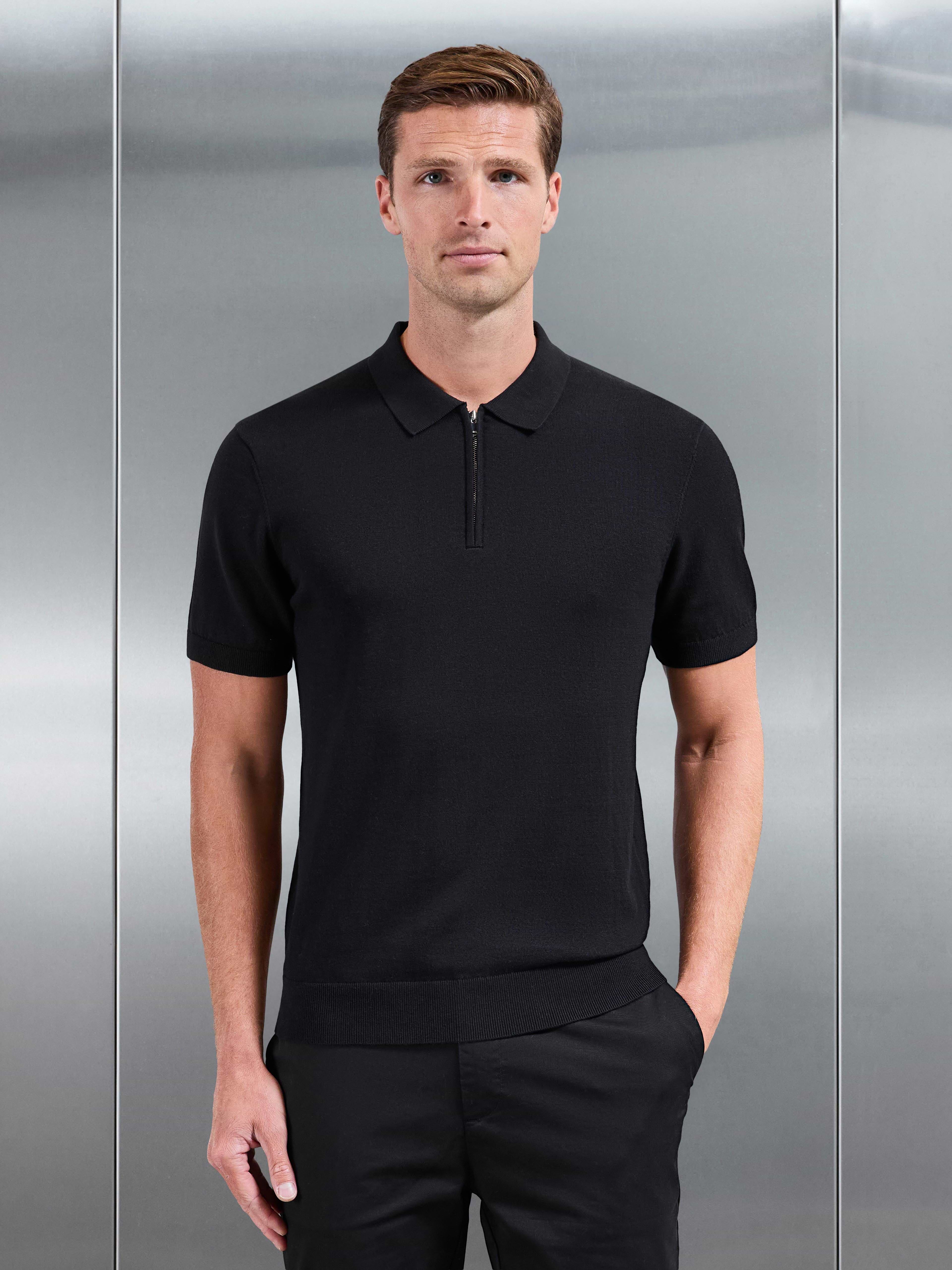 Cotton Knitted Zip Polo Shirt in Black
