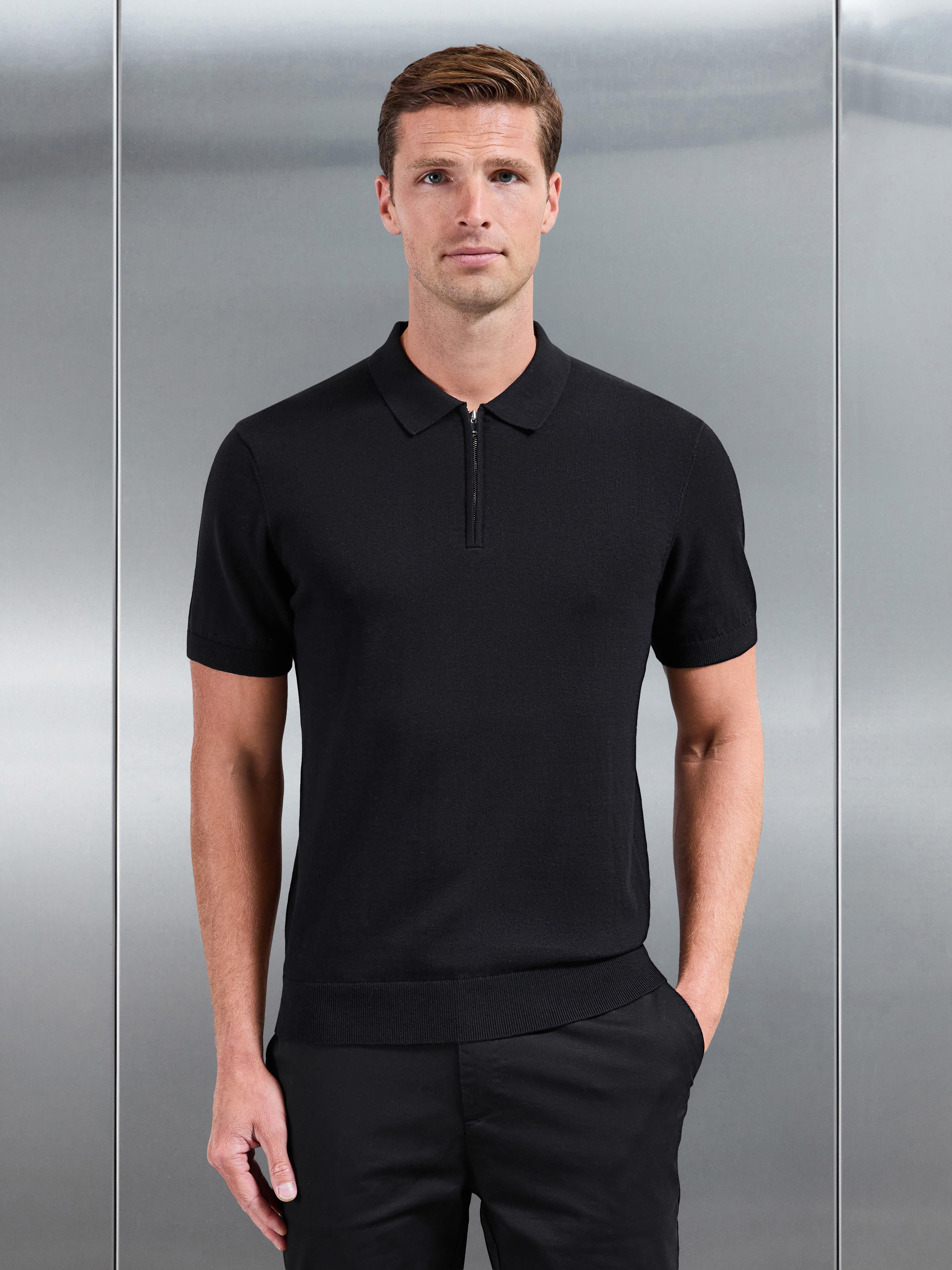 Cotton Knitted Zip Polo Shirt in Black