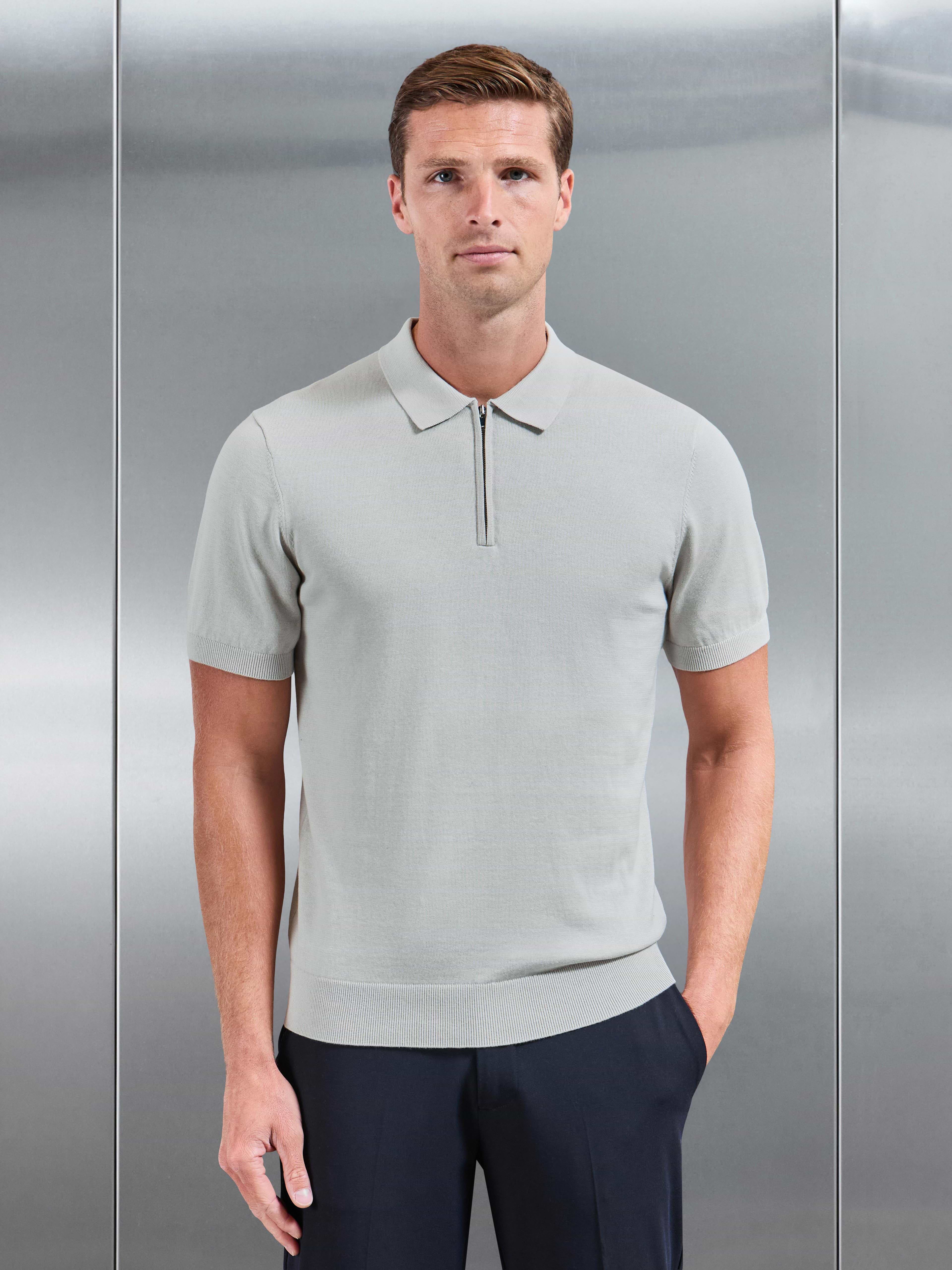 Cotton Knitted Zip Polo Shirt in Mid Grey